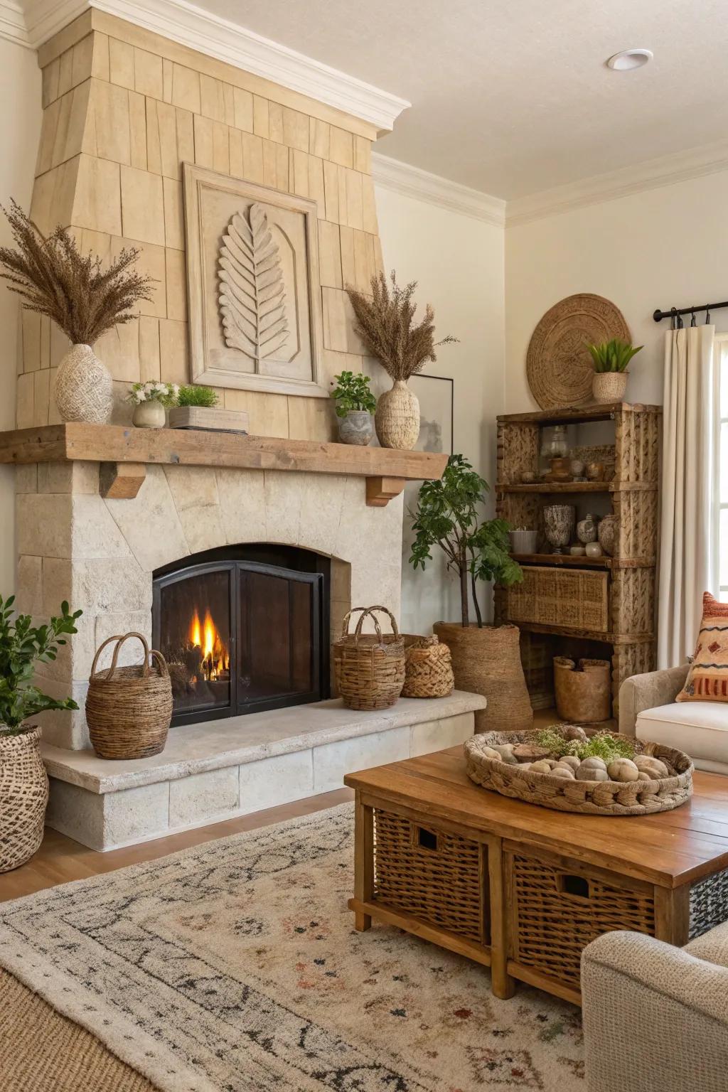 A broad hearth functions as both a focal attraction and practical area within this rustic design.