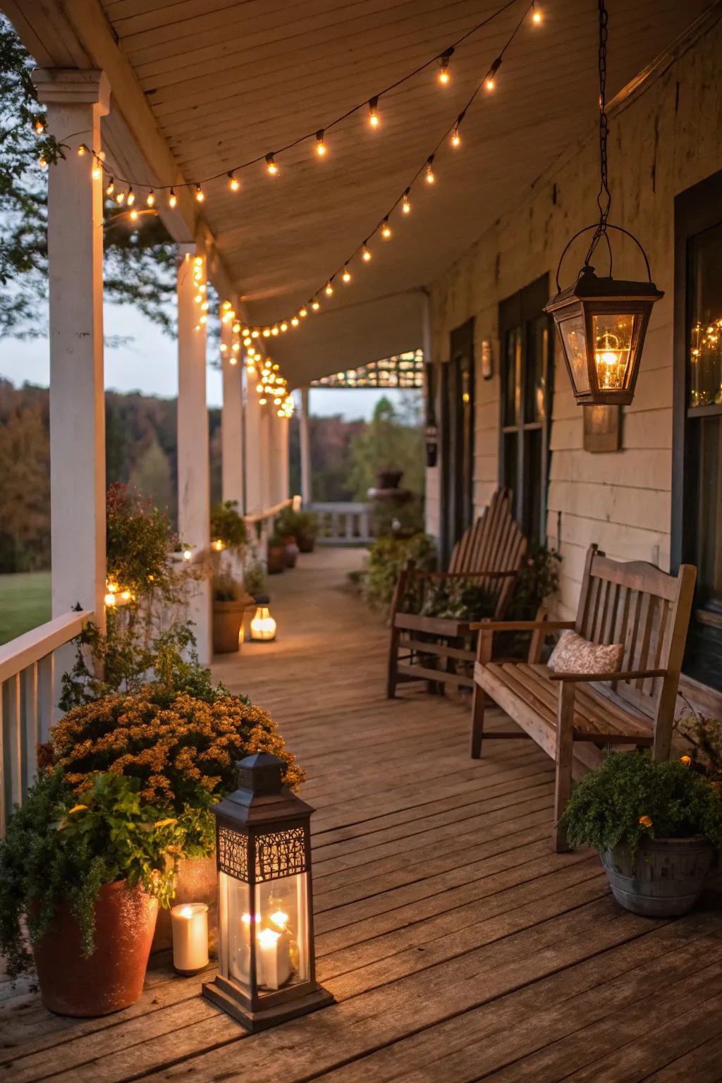 Carriage lights and string lights evoke a cozy, magical atmosphere on a rustic porch.