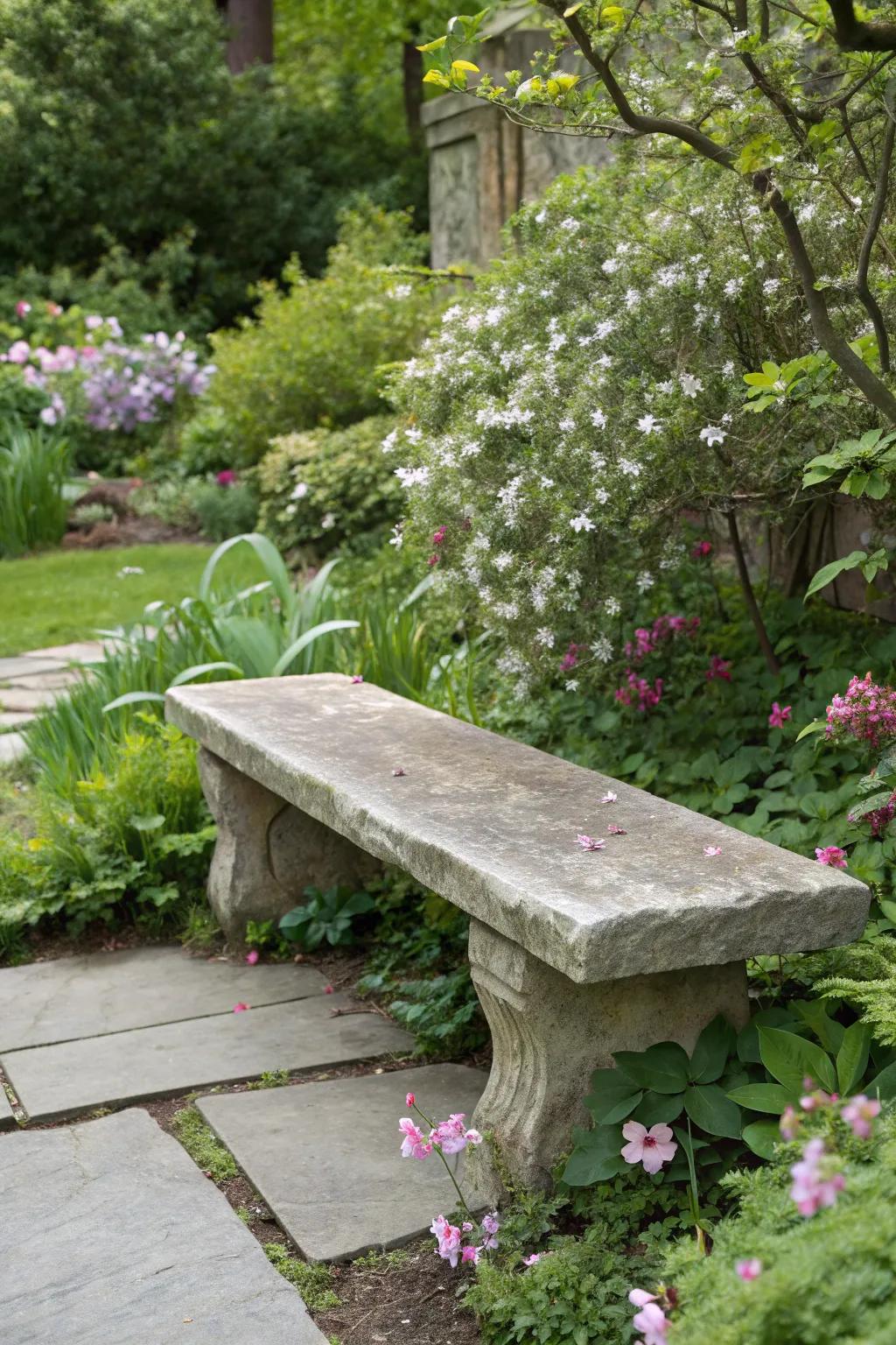 A stone slab bench offering a natural and durable seating option.