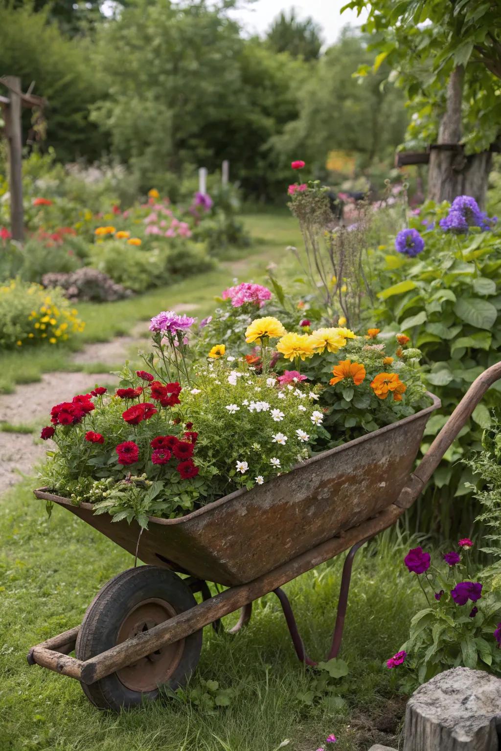 A handcart brimming with blossoms adding charm to the garden.