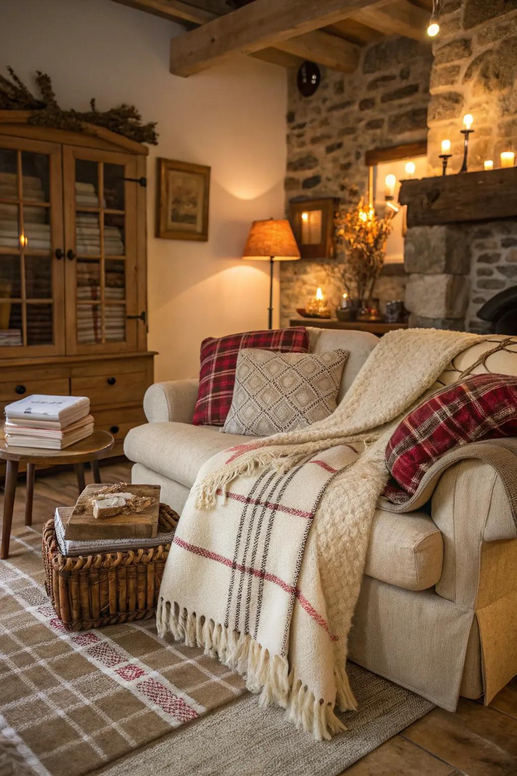 Layers of cozy textiles featured in a rustic living room.