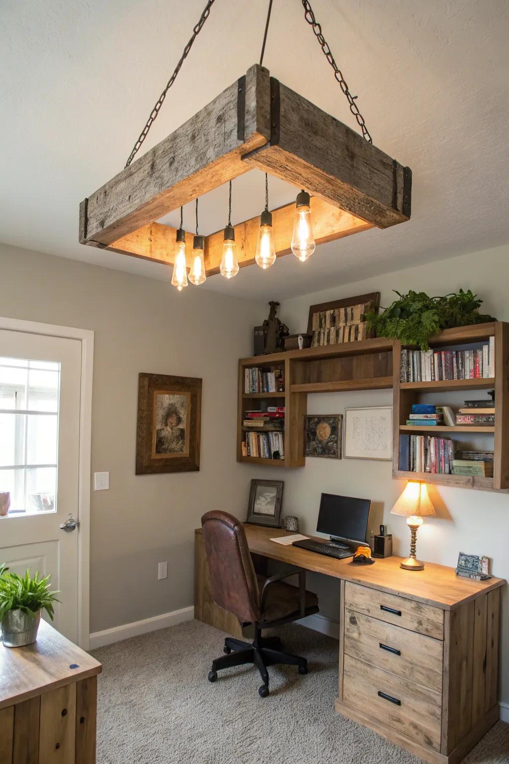 A DIY weathered wood fixture introduces a unique flair to this home office.