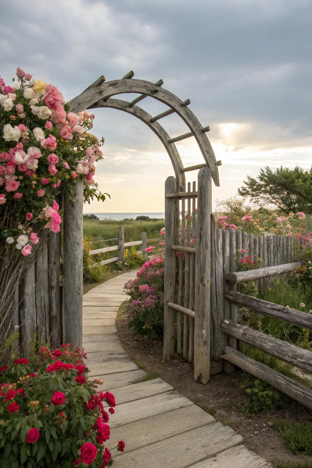 A curved log border crafts a magical entry, bordered by vivid blooms.