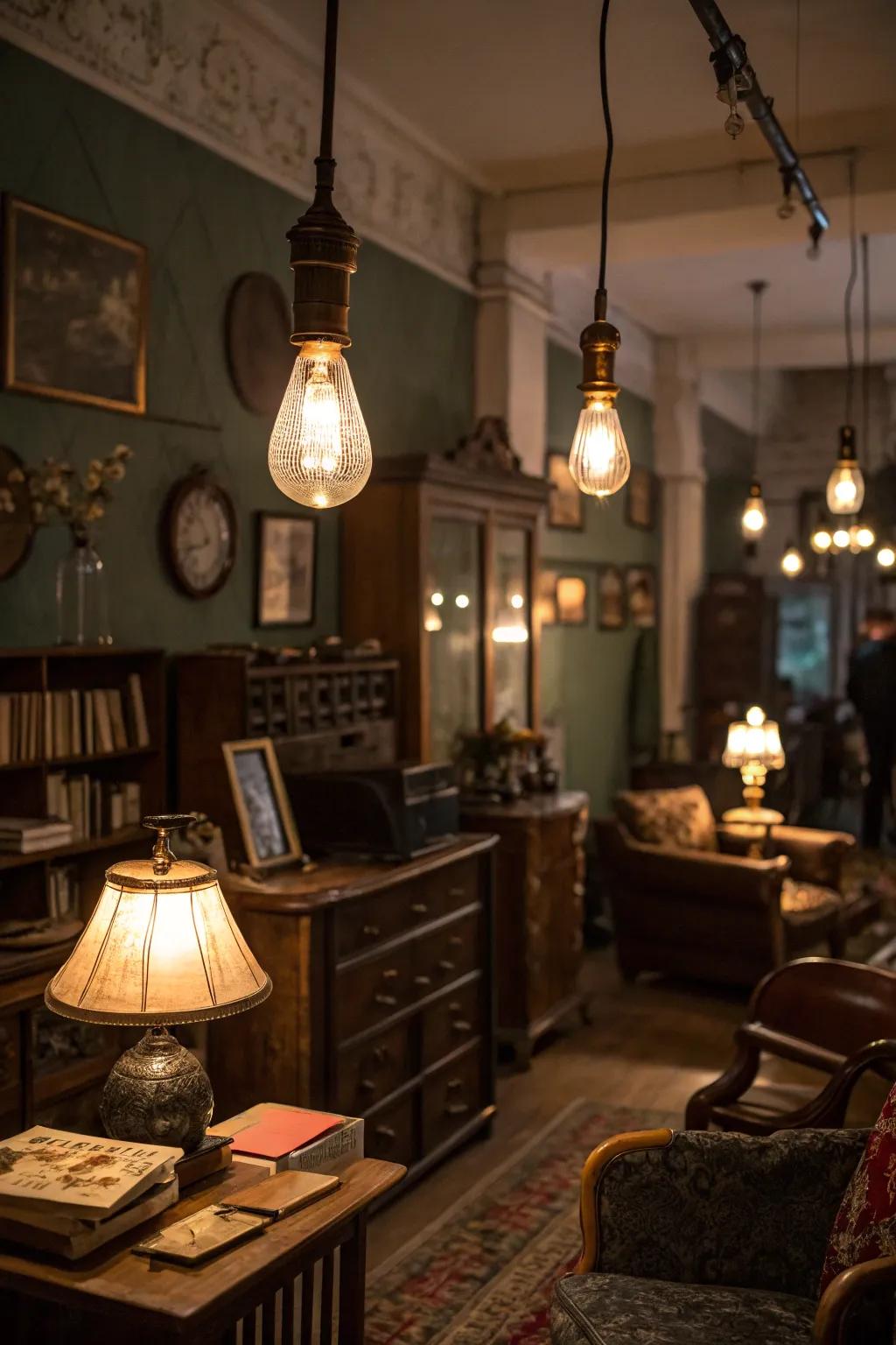 Subtle illumination with Edison light bulbs contributes warmth to this countryside area.