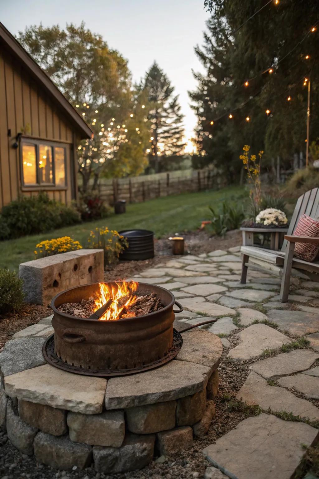 Where industrial style meets rustic appeal in a tire rim fire pit.