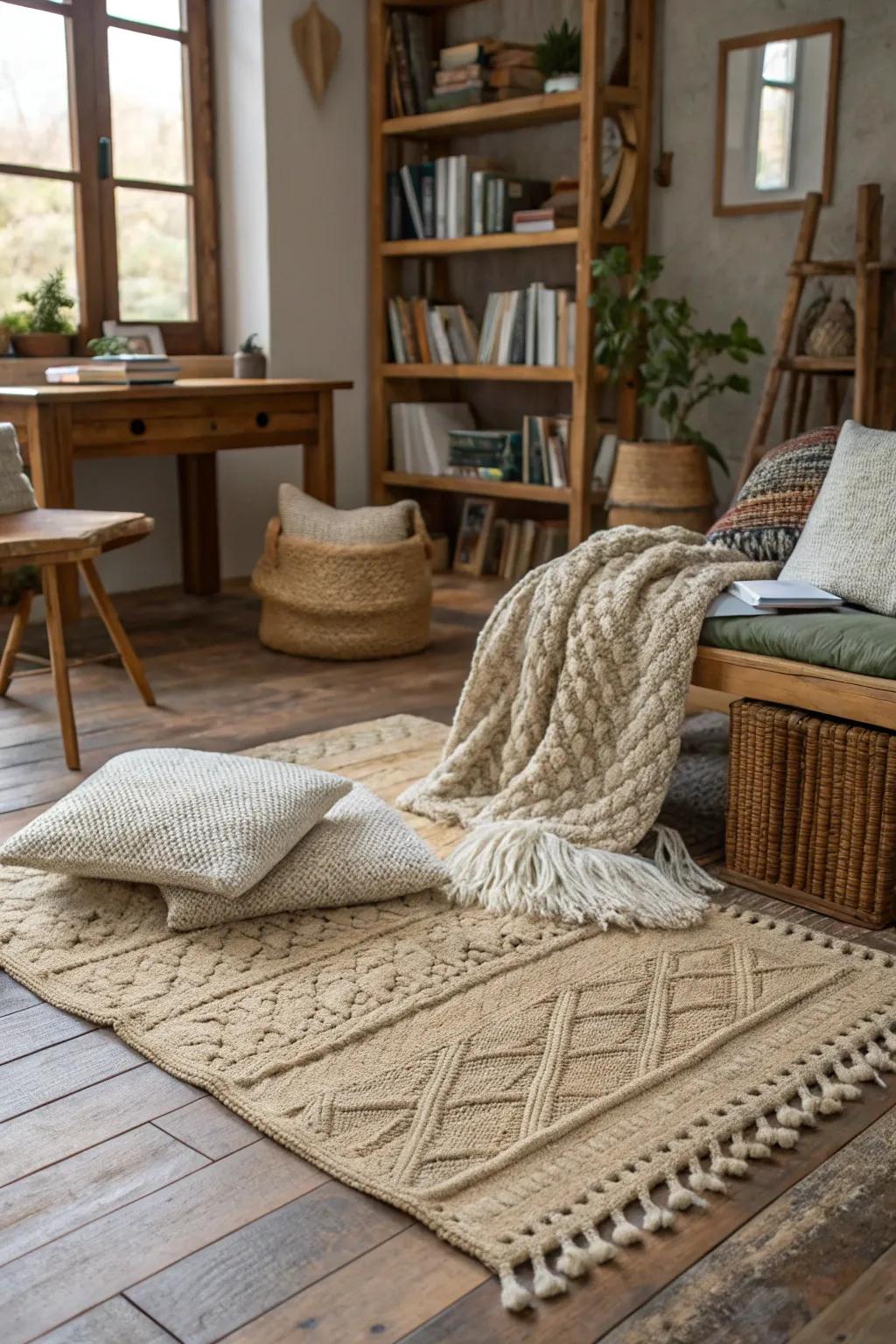 Textural layers build coziness and dimension to a country-inspired office.