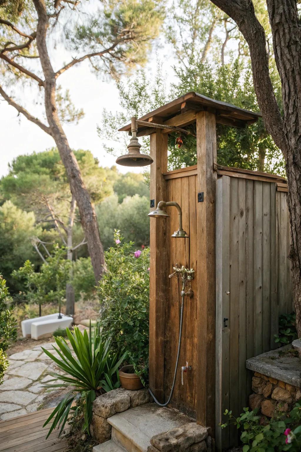 A country-style shower offers a refreshing break in nature.
