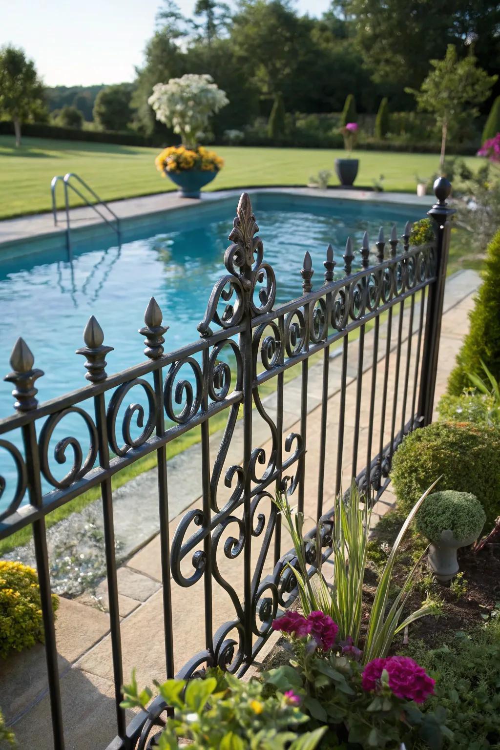 A chic forged metal fence enhancing the elegance of the pool area.