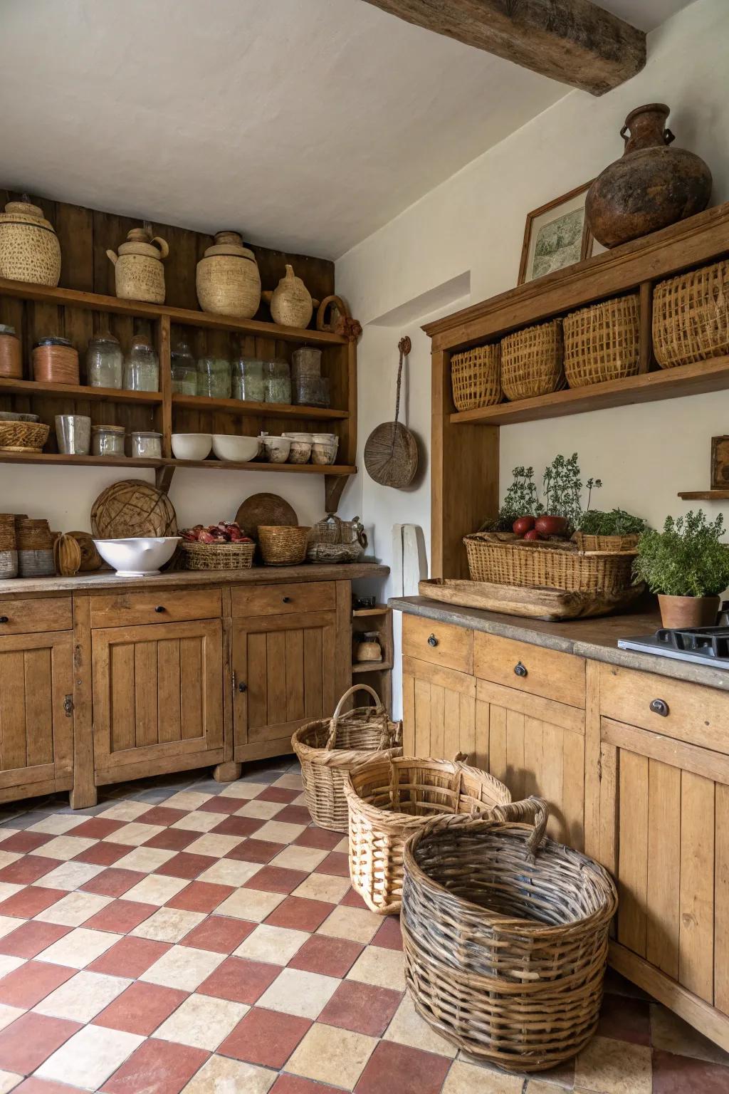 Pottery and woven carriers infuse countryside charm into this kitchen.