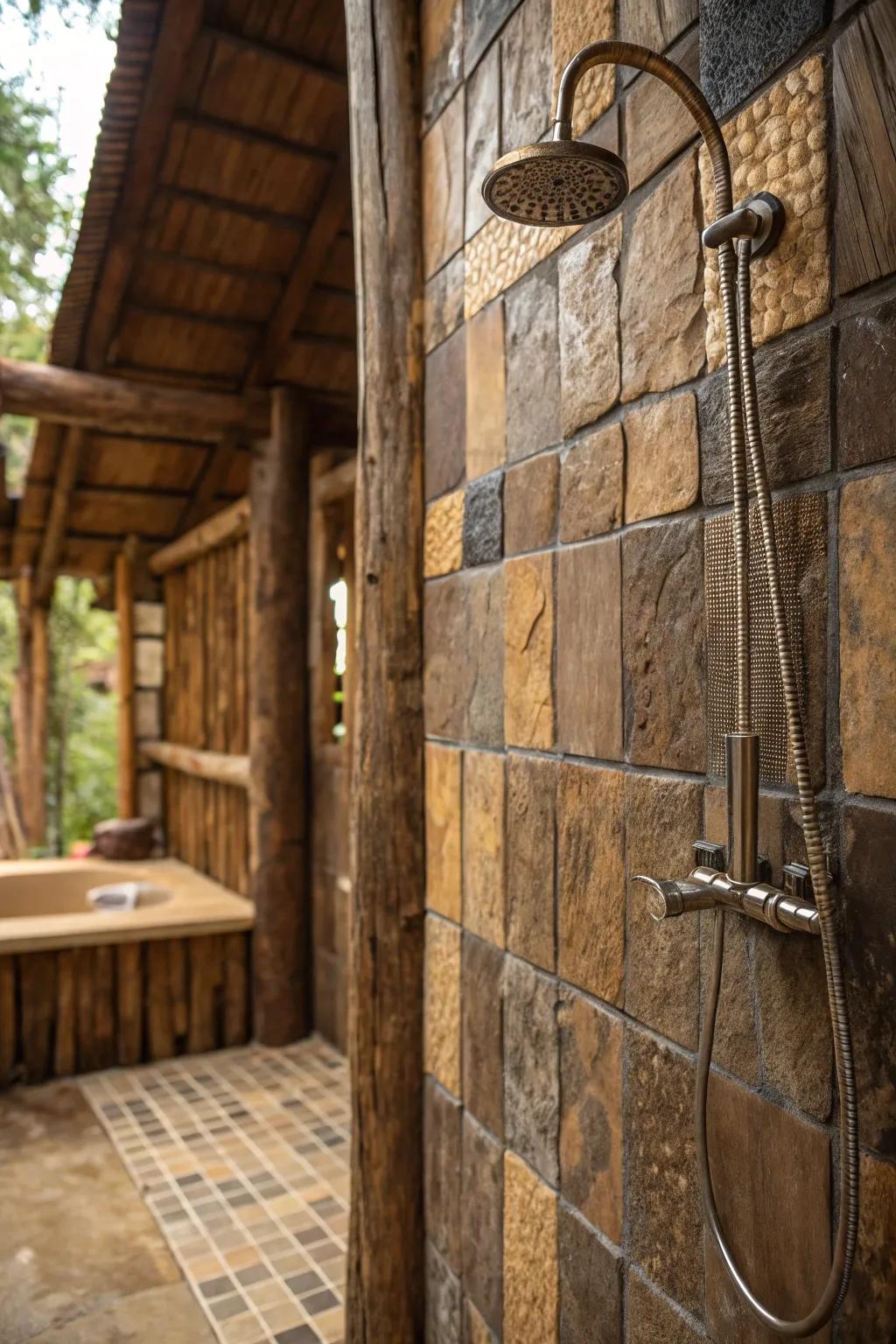 Showing off a country shower designed with textured tiles that resemble organic materials, enriching the dimension of the space.
