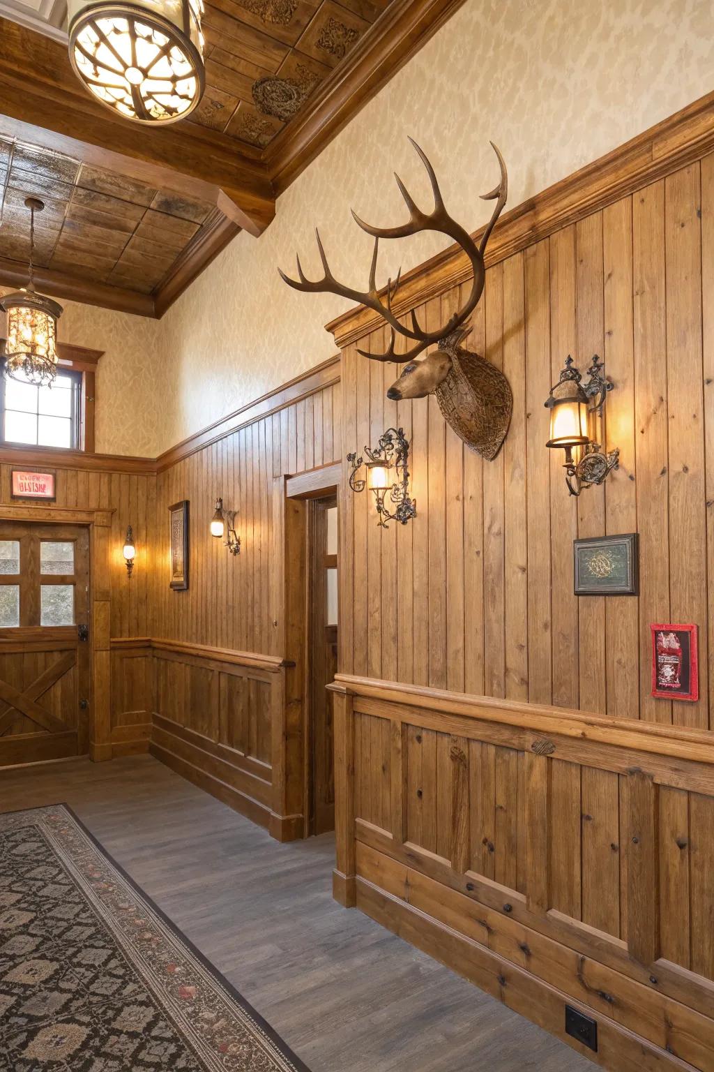 Rustic accents complementing wainscoting for extra charm.