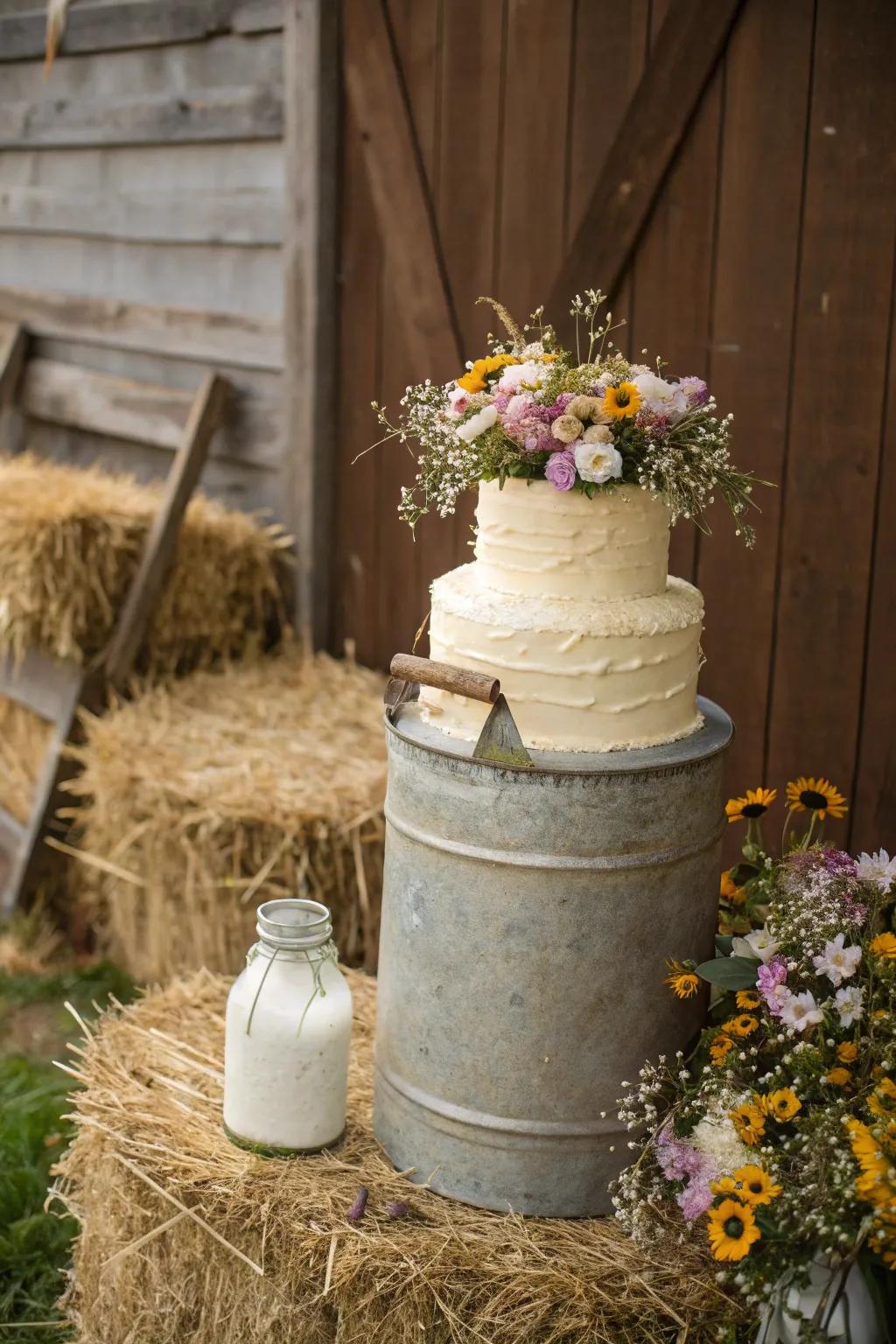 Appealing antique dairy container foundation for a countryside-style dessert display.