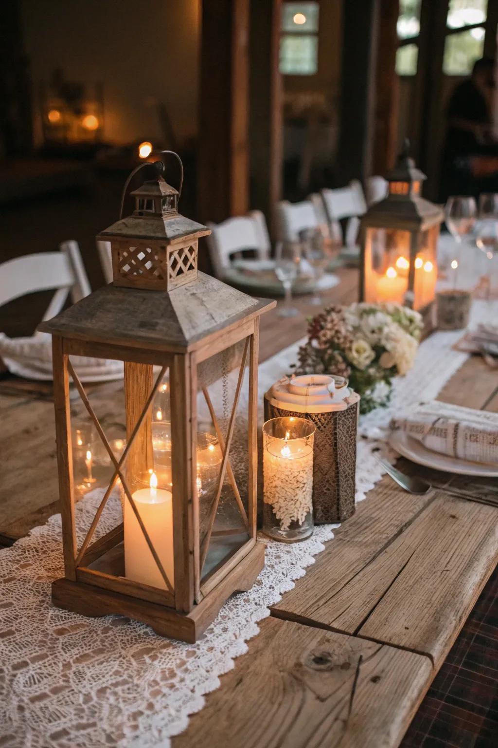 Timeless lanterns contributing a gentle glow to the countryside main table.
