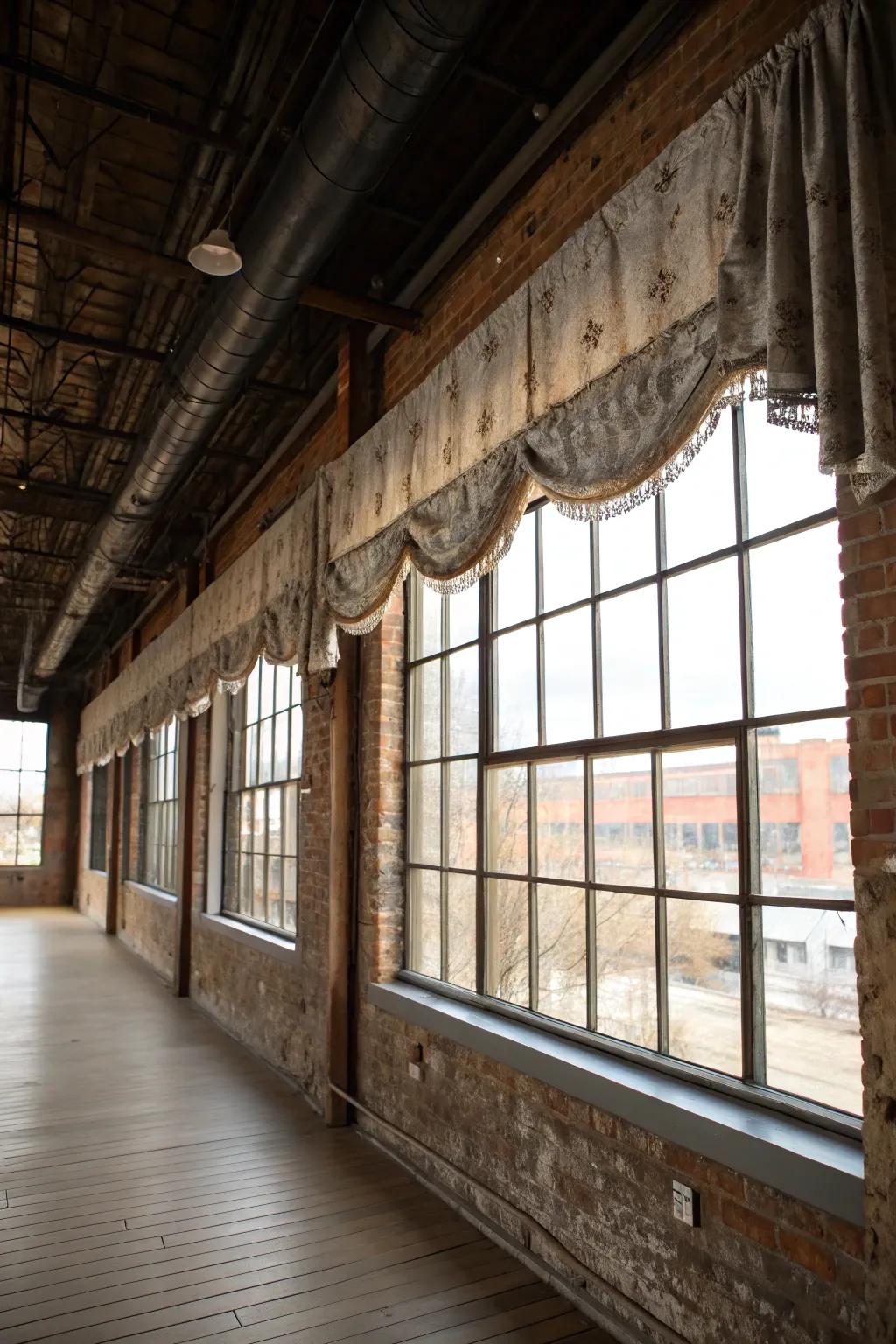 An industrial-chic room featuring a weathered metal valance, providing a raw, edgy touch.
