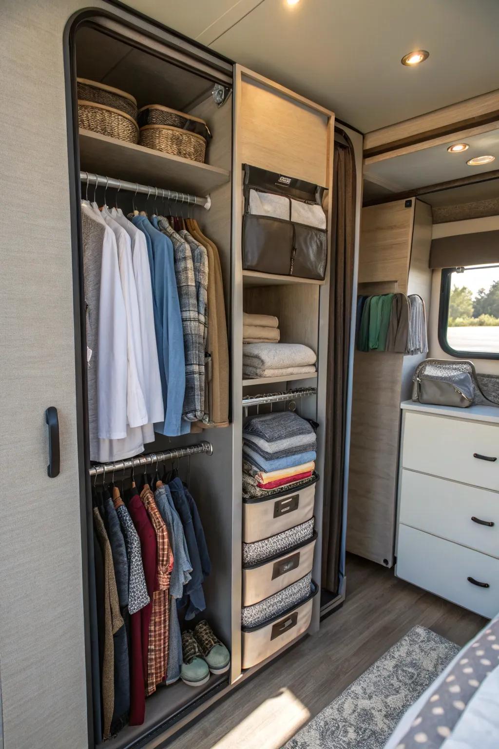Collapsible organizers enhance space flexibility in an RV closet.