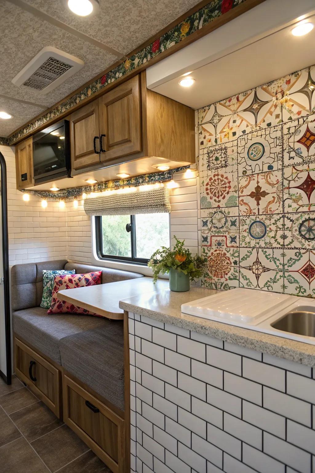 Textured facades introduce depth and interest to this RV interior.