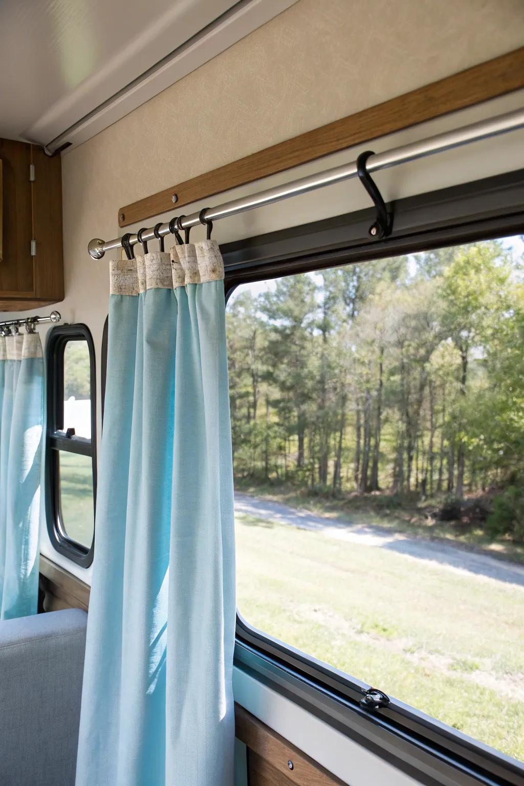 Simple and effective: adhesive mount curtain hangers in an RV.
