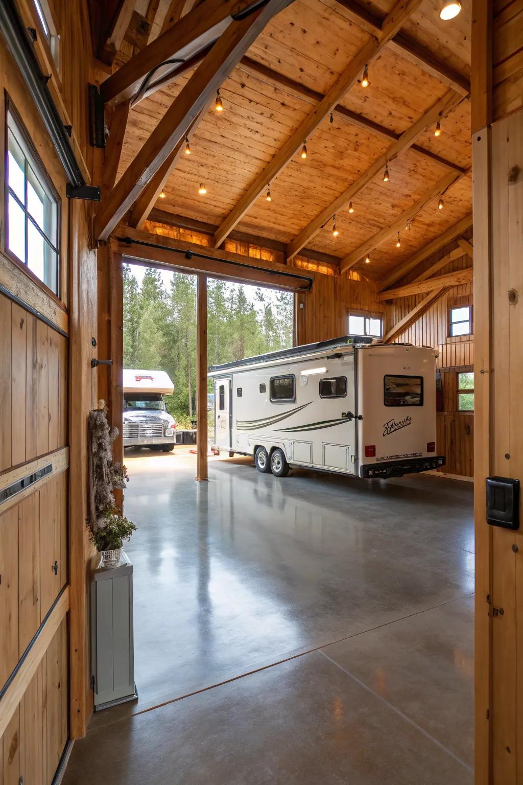 A rustic RV garage featuring organic tones and wood that has been recovered.