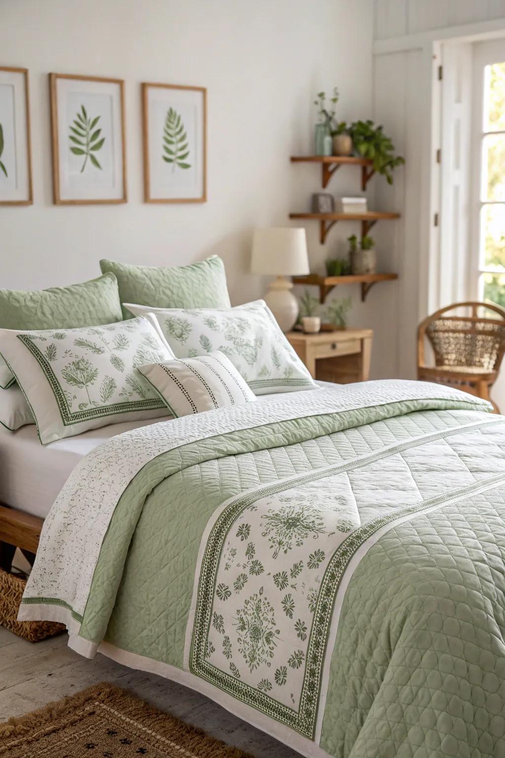 Achieve sophistication with a soft green and white scheme.
