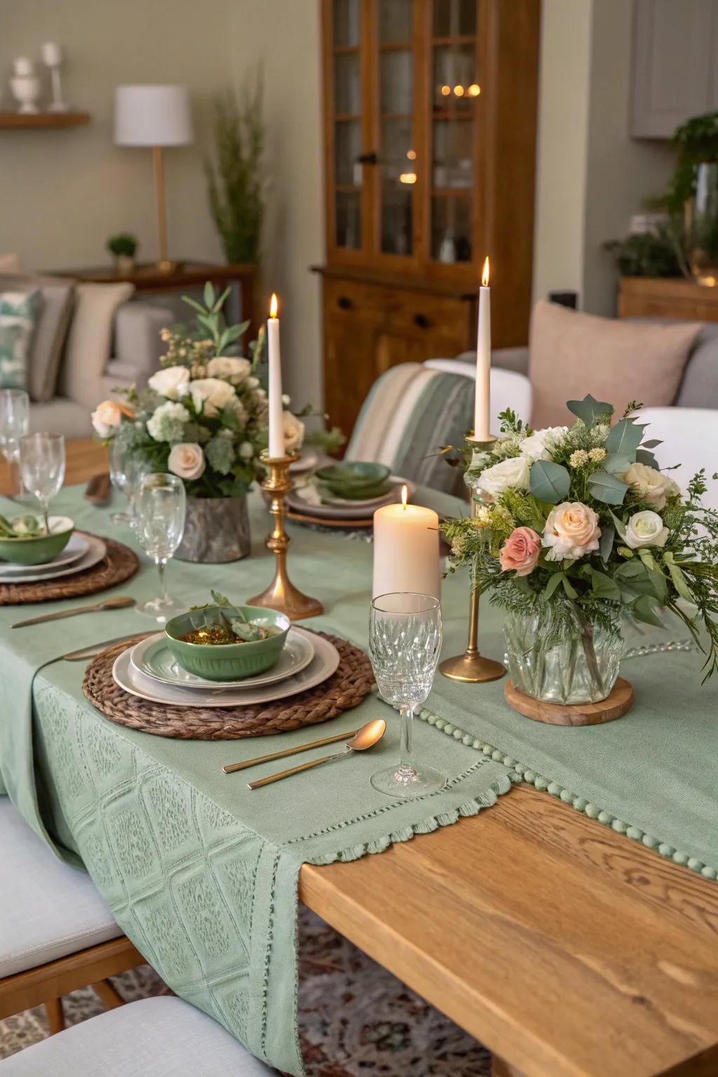 A soft green table covering that beautifully unifies your table decor.