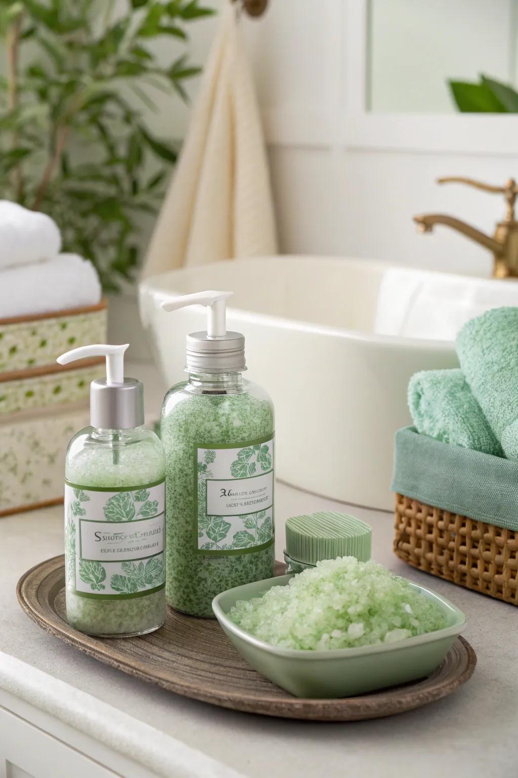 A sage green serenity kit transforms bath time into a lavish escape.