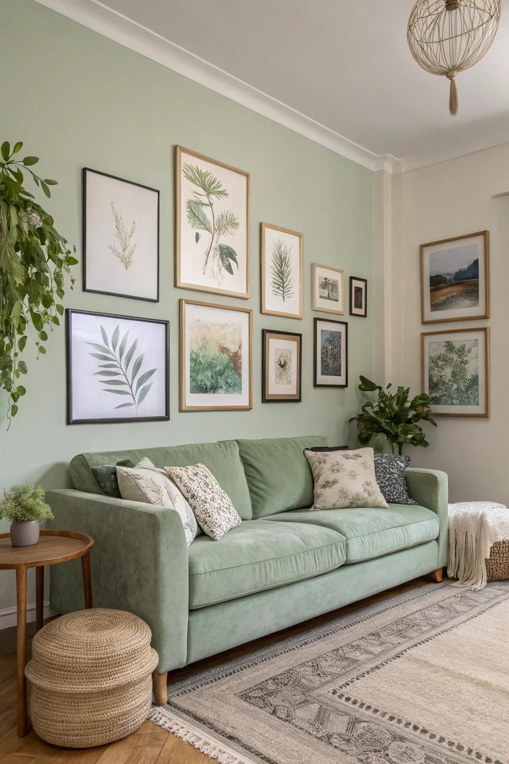 Wall decor adds character and depth to a sage green living room.