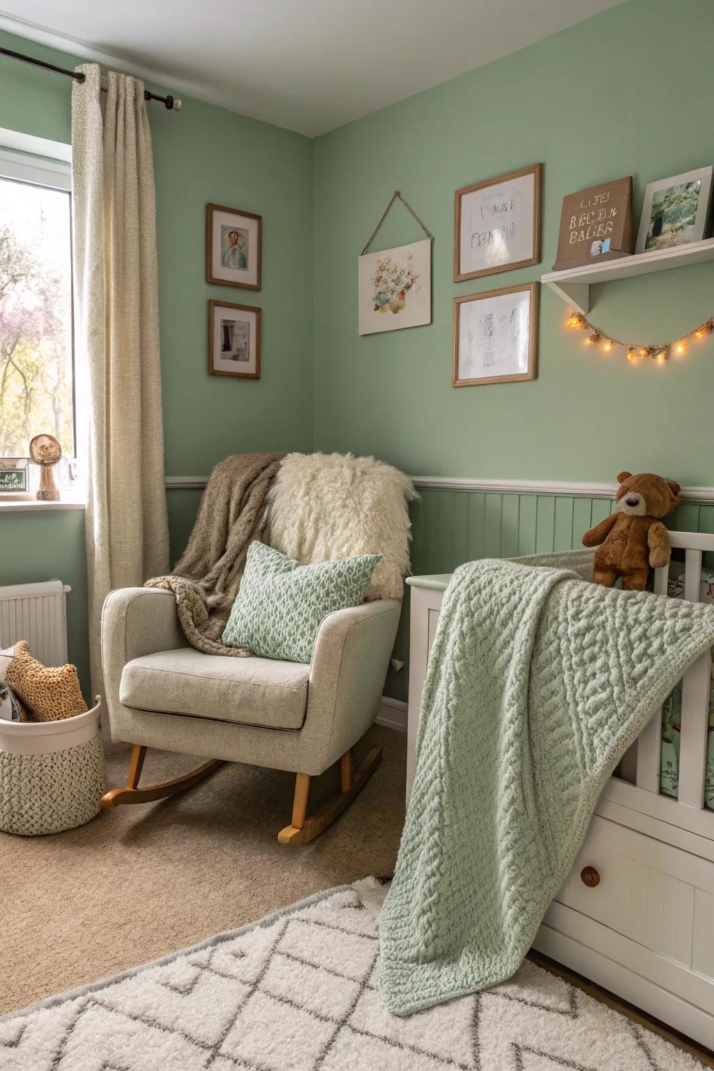 Comfortable fabrics in sage green add warmth and comfort to the nursery.