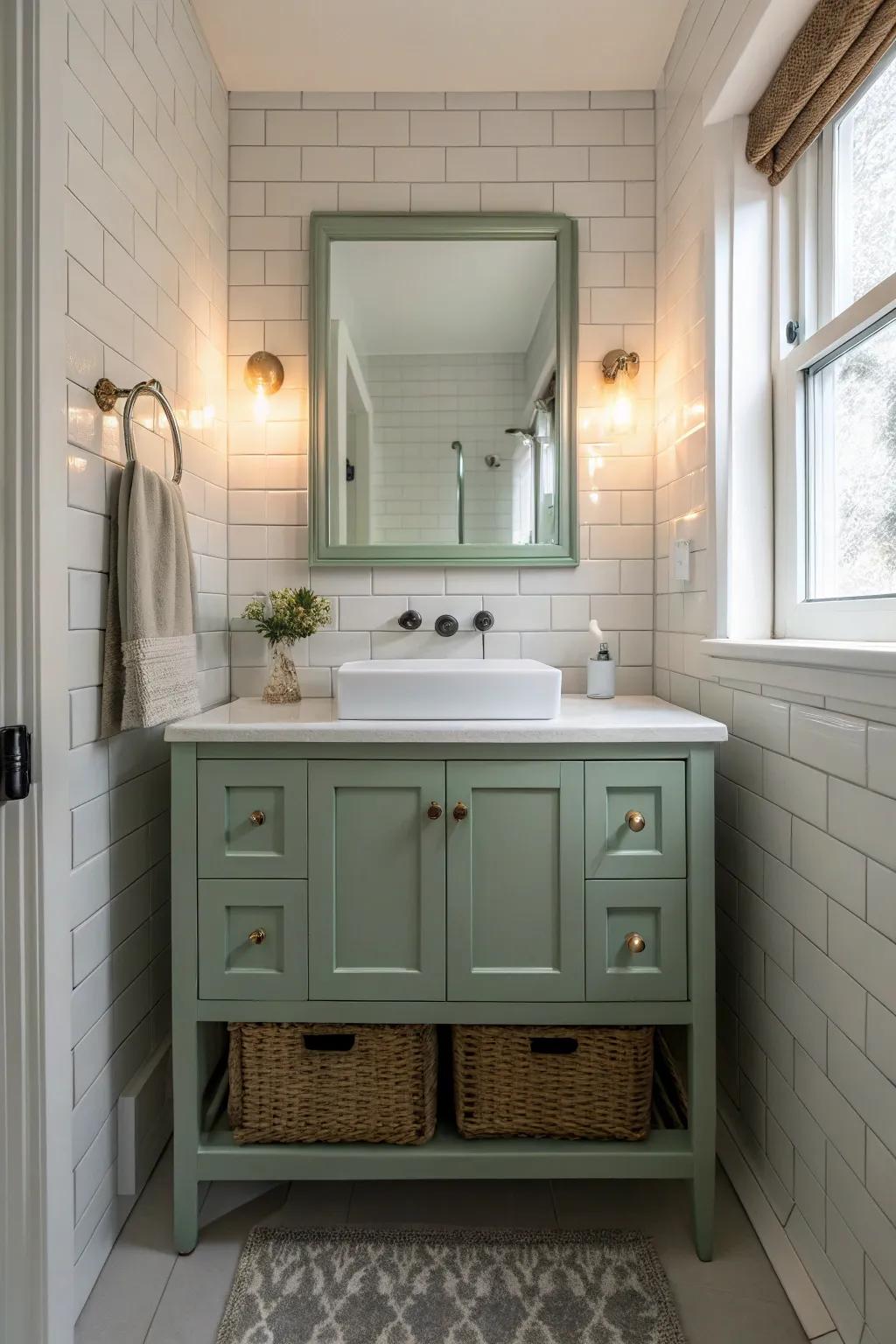 A small bathroom featuring a sage green vanity, enhanced by light-colored accents.