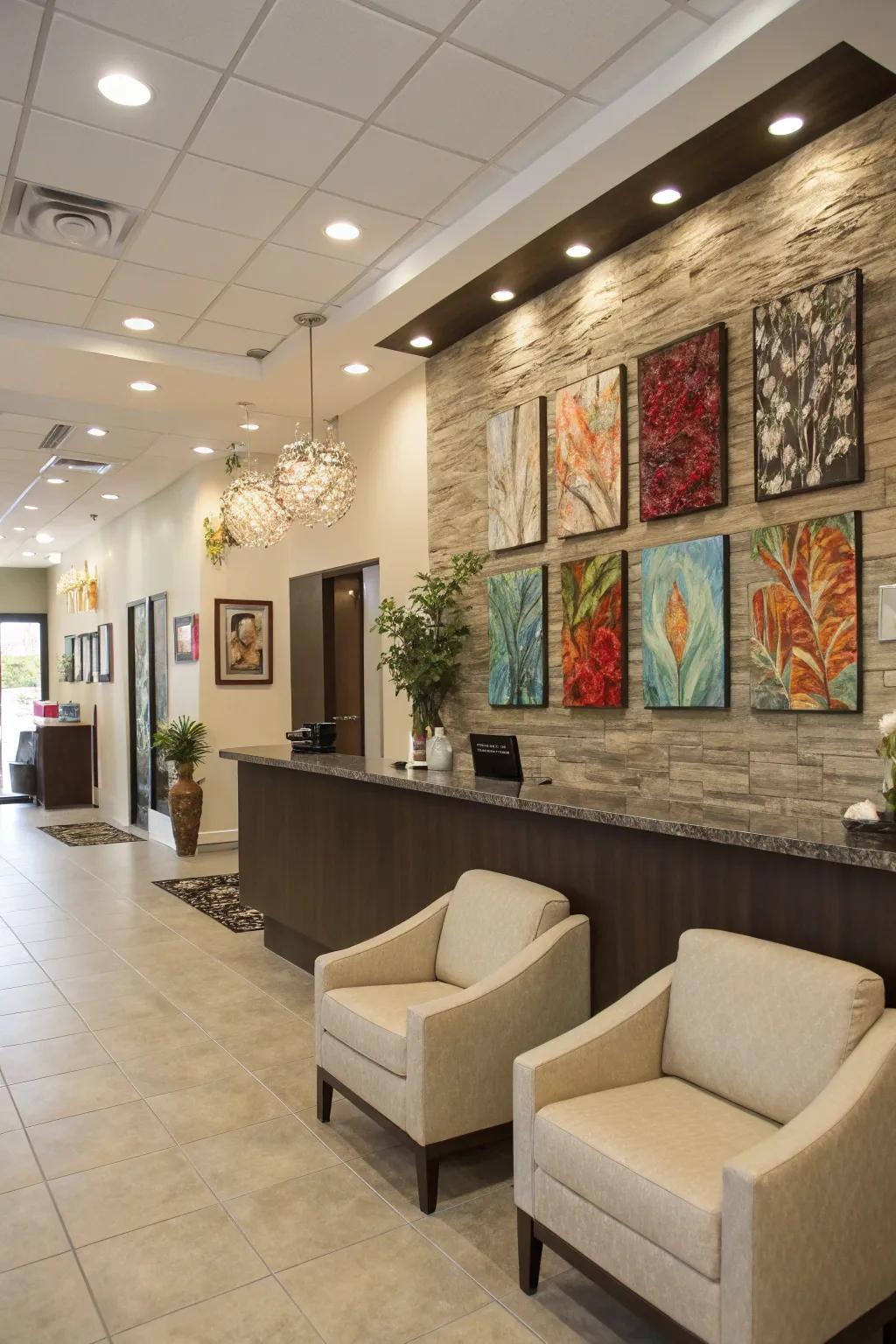 A salon entry enhanced with artistic wall accents, adding character to the area.