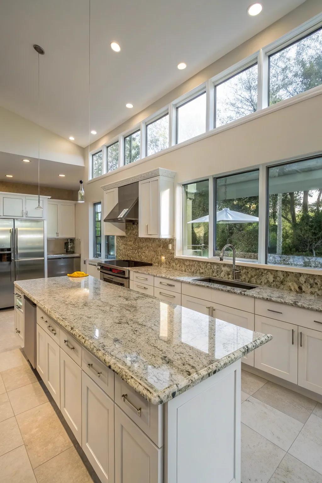 A full-height granite backsplash offers a bold and luxurious look.