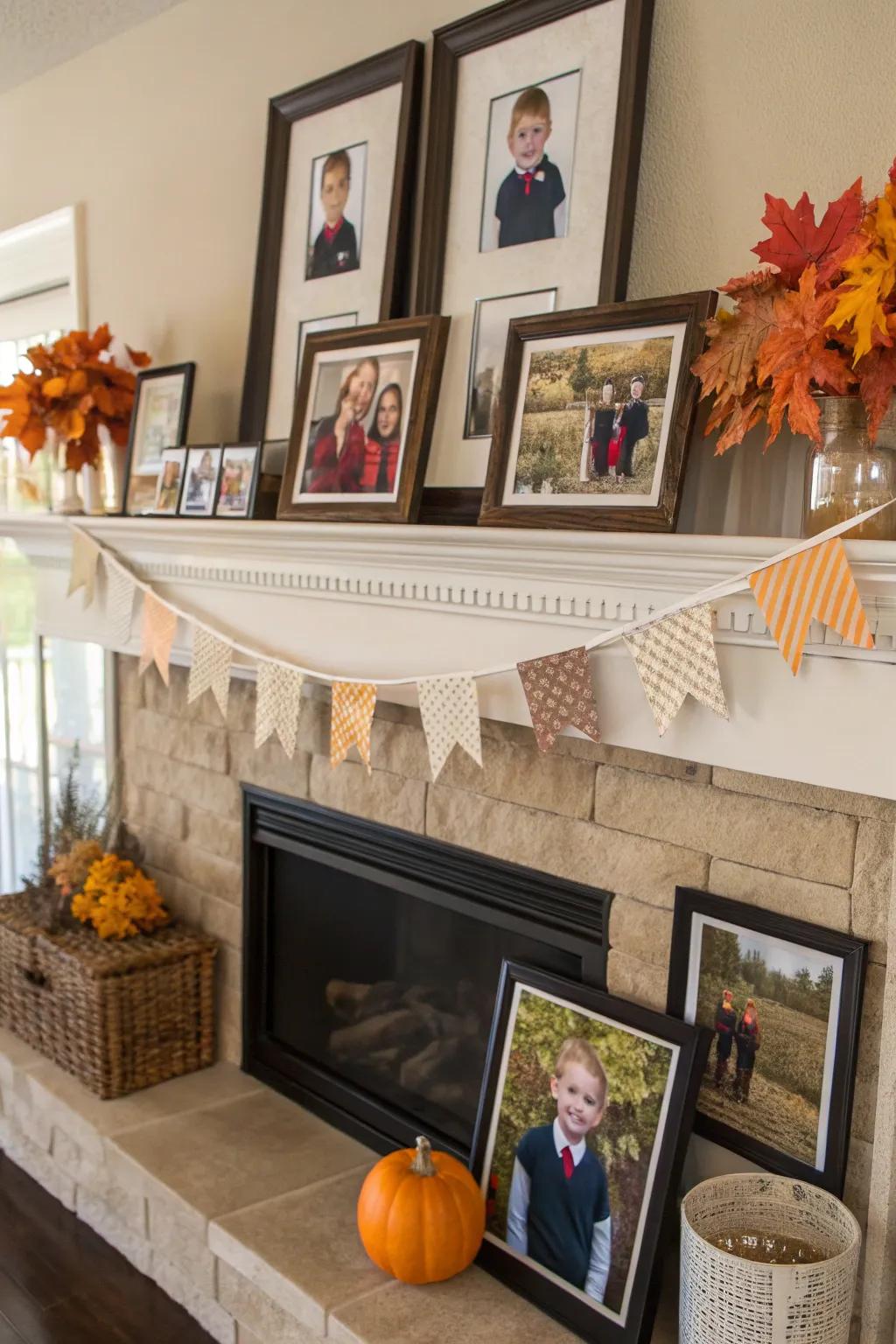 School pictures arranged beautifully on a fireplace mantel.