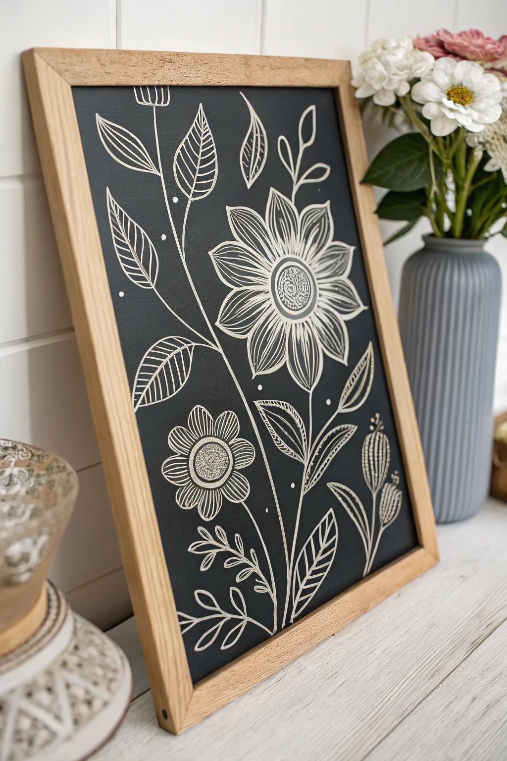 Celebrate nature's grace with quirky floral scratchboard art that harmonizes minimalism with boho charm.