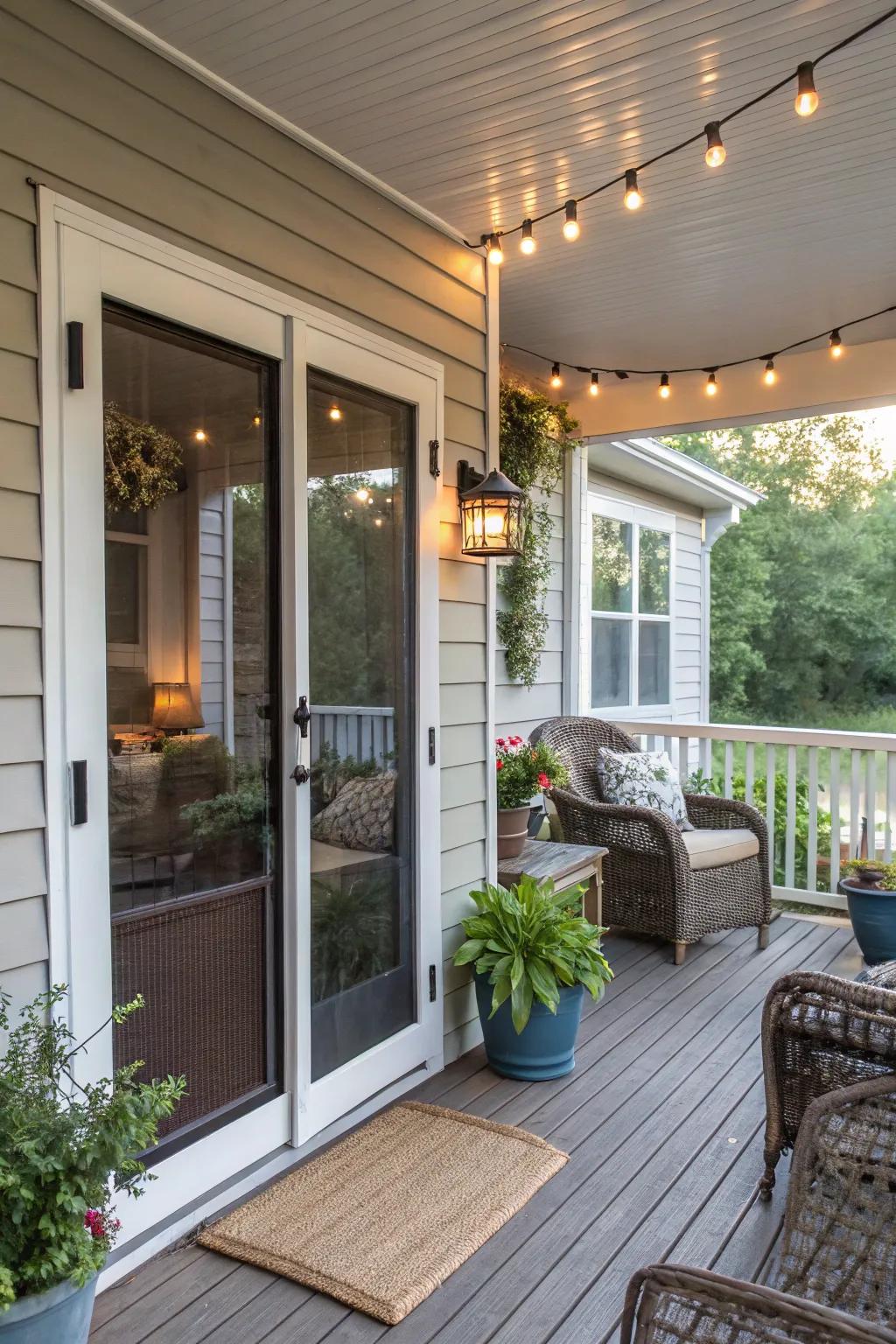 The screen door integrates seamlessly into this charming porch setting.