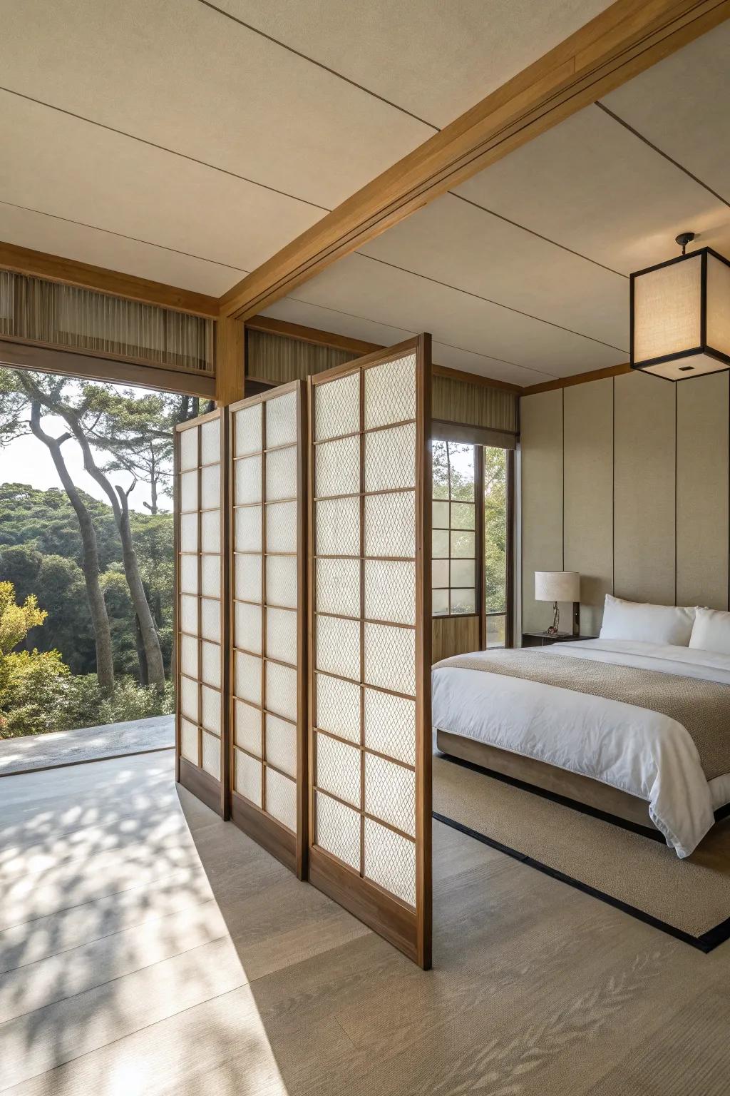 A minimalist screen wall imparts serenity to the bedroom.
