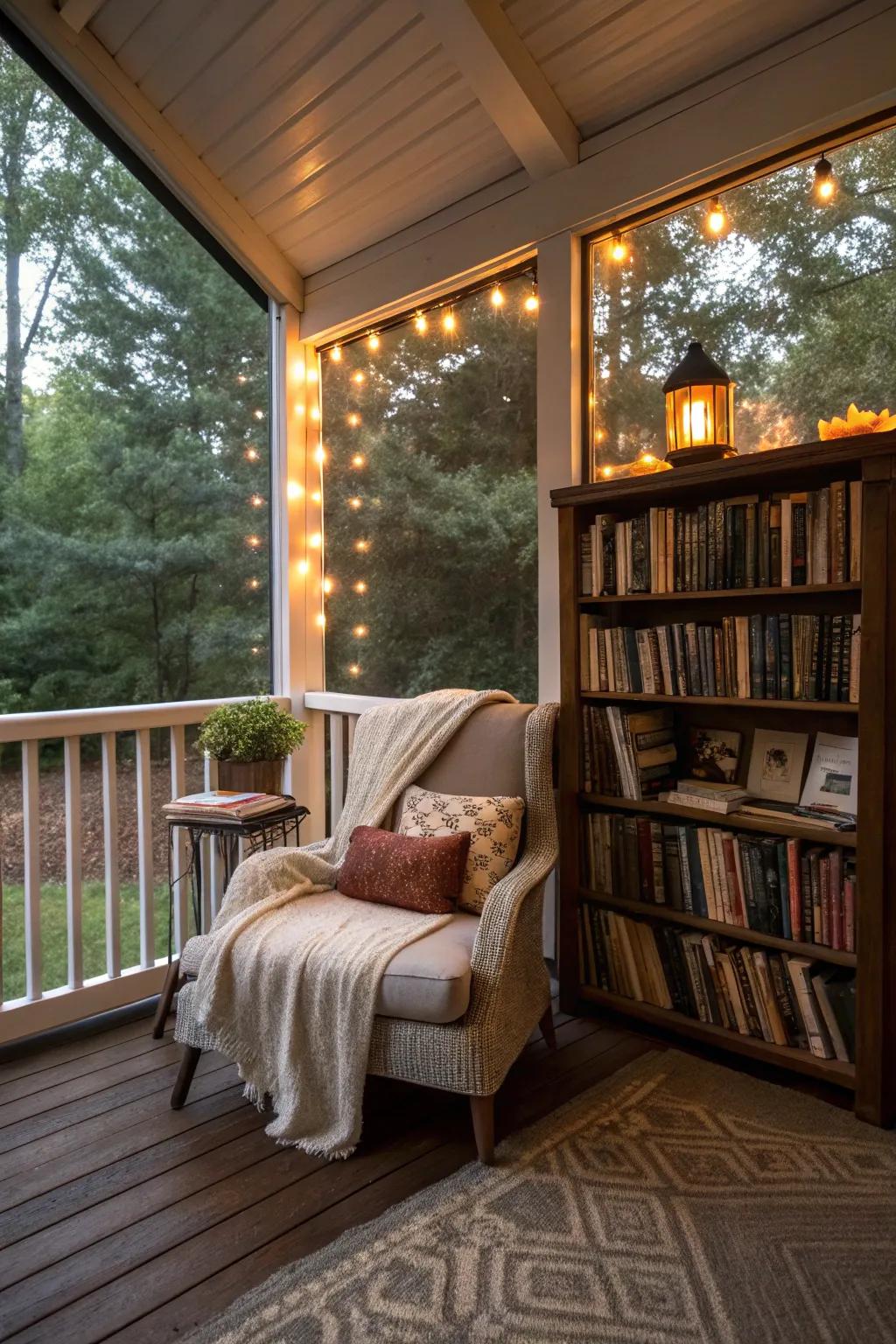 A reading corner on the veranda provides a tranquil escape for book enthusiasts.