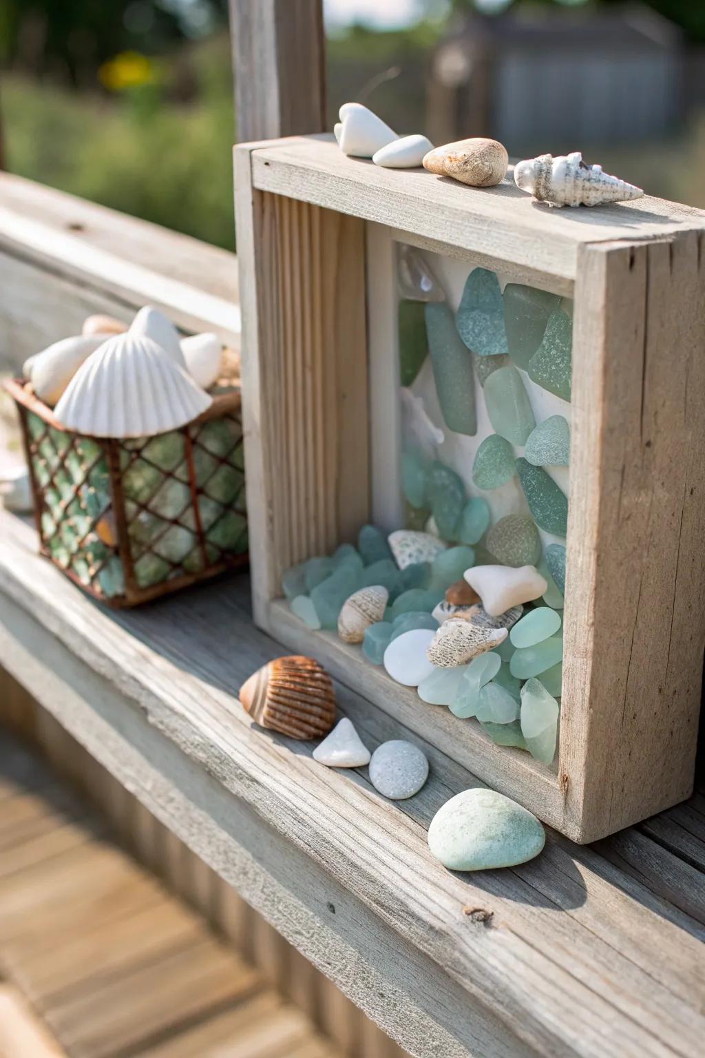 Sea glass shadow boxes capture and exhibit cherished moments.
