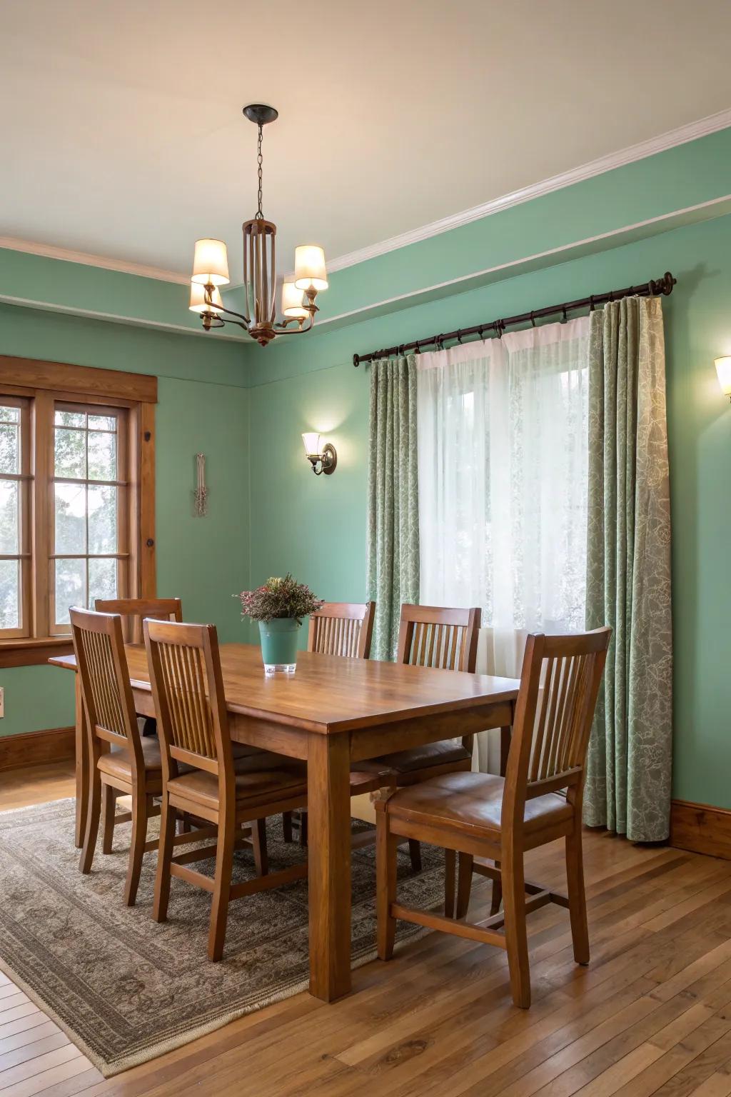 An elegant dining area featuring seafoam green walls and refined furnishings.