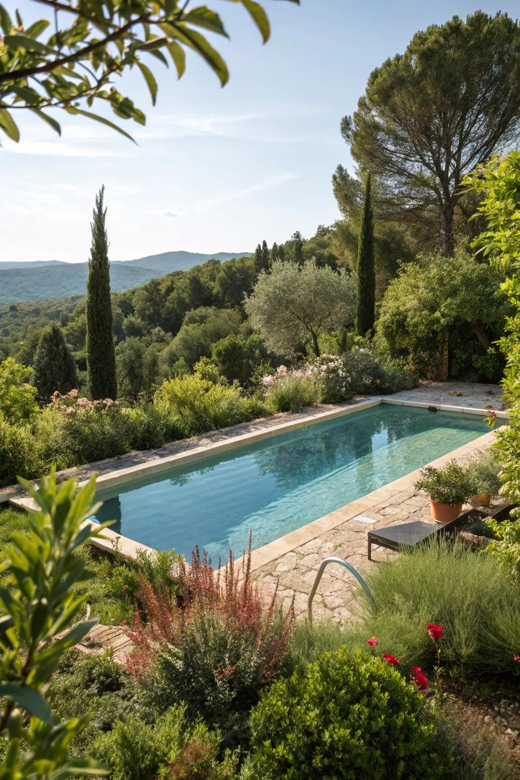 A semi inground pool enveloped by vibrant plants, creating a natural oasis.