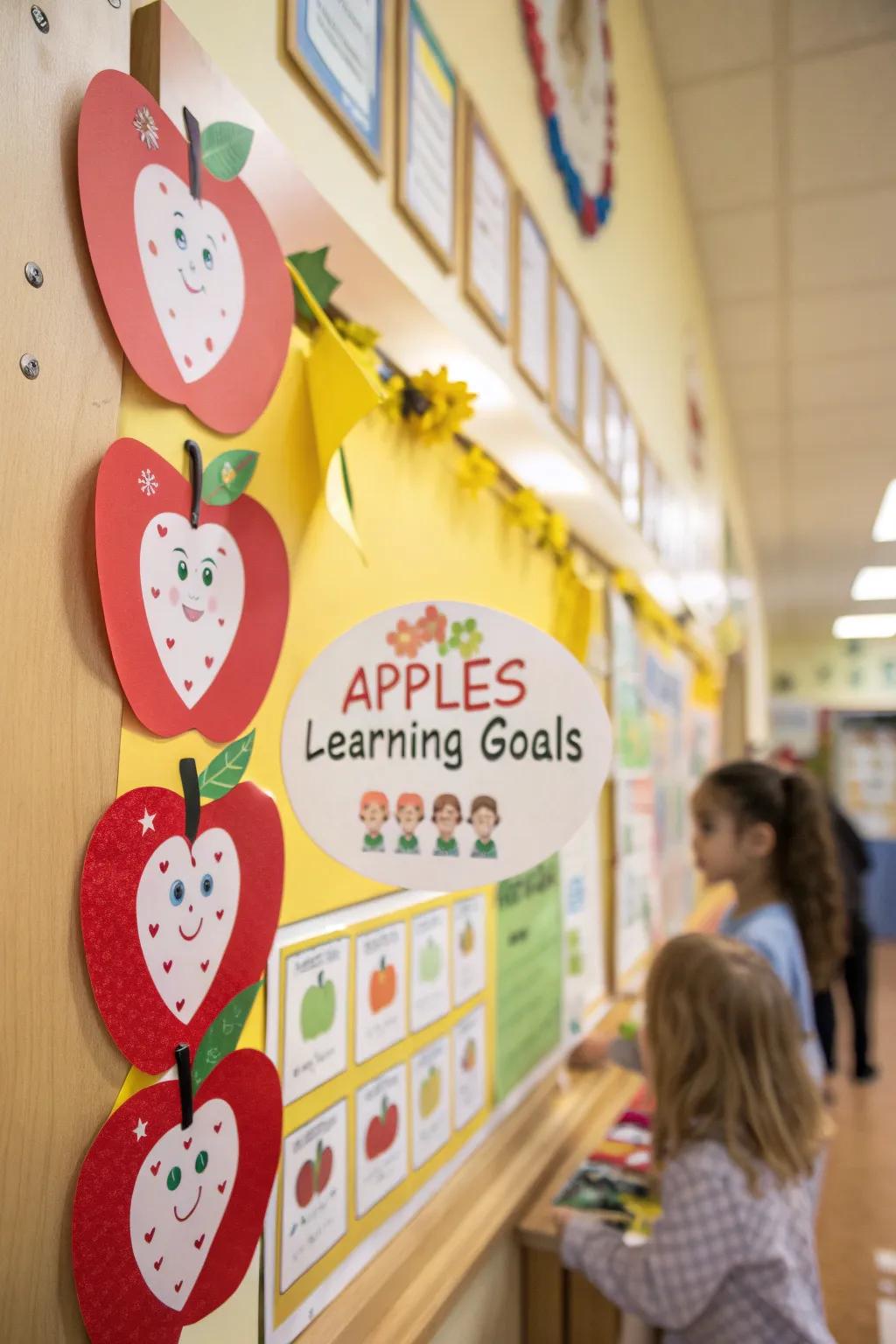 A bulletin board themed as an apple orchard, integrating educational components.
