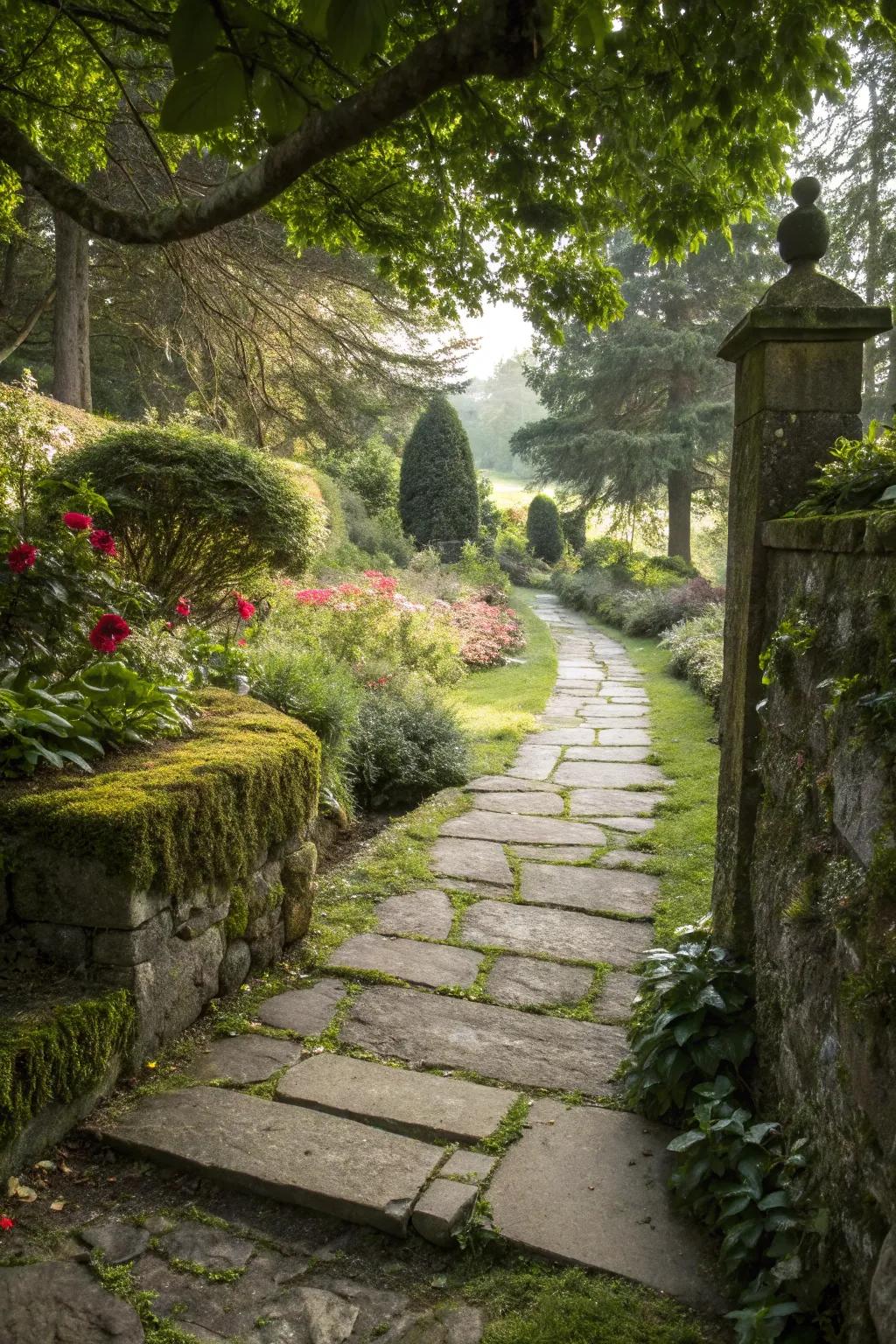 Stone walkways contribute arrangement and charm to garden locations.