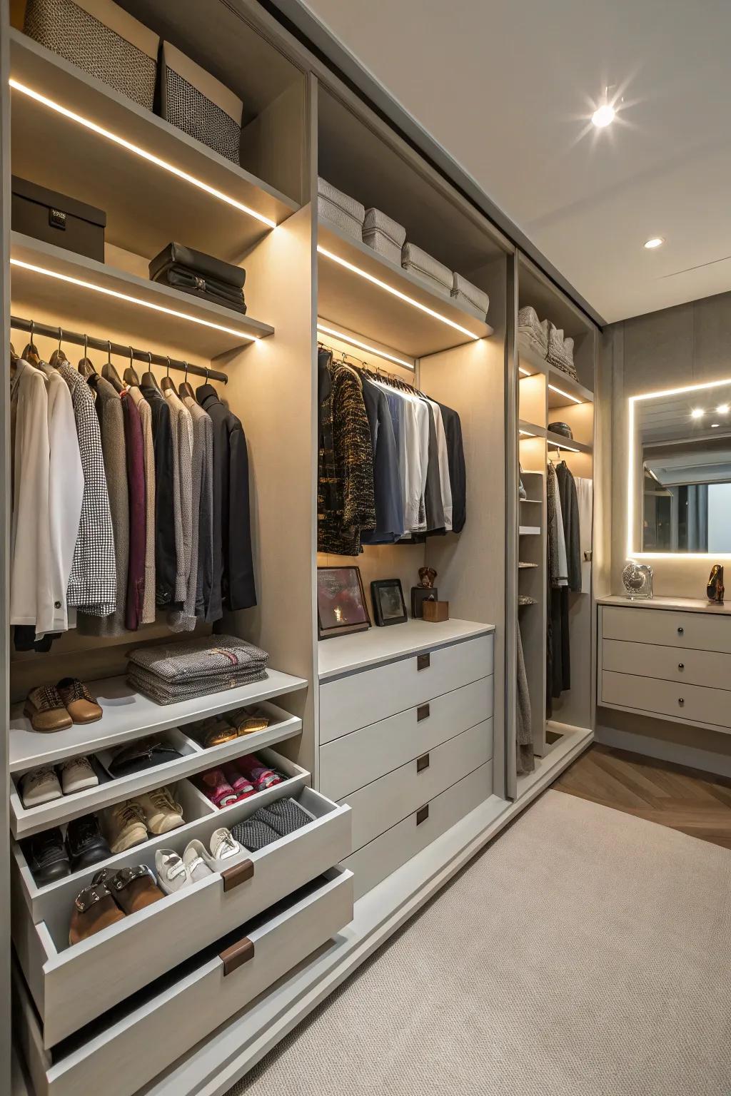 A closet featuring smooth drawer systems for a streamlined look.