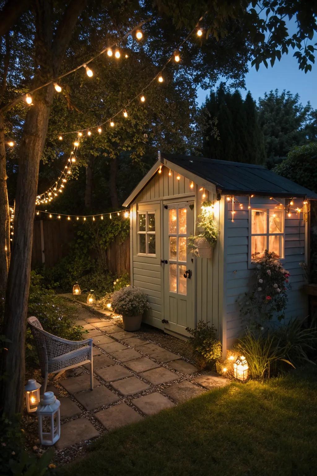 A garden shed radiating with inventive illumination, creating a captivating ambiance.