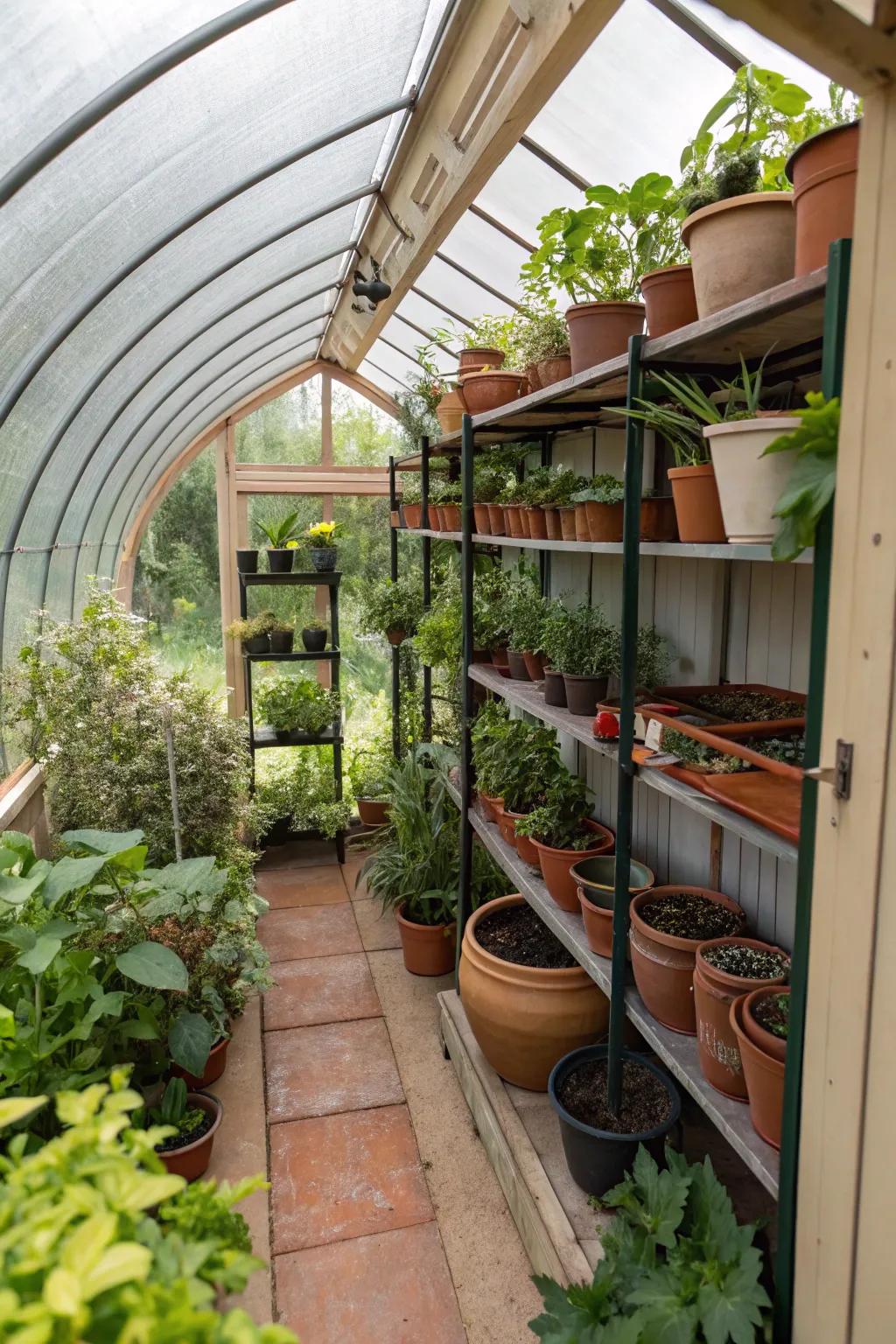 A shed converted into a vibrant mini greenhouse, perfect for plant lovers.