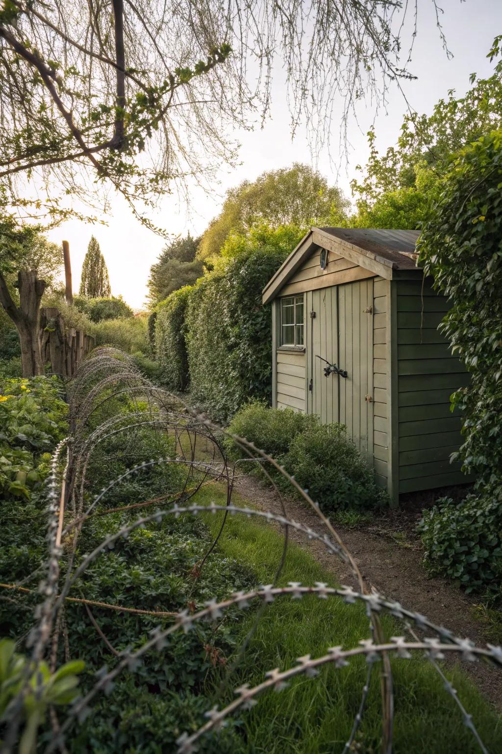 Prickly shrubs form a natural barrier around a garden shed.