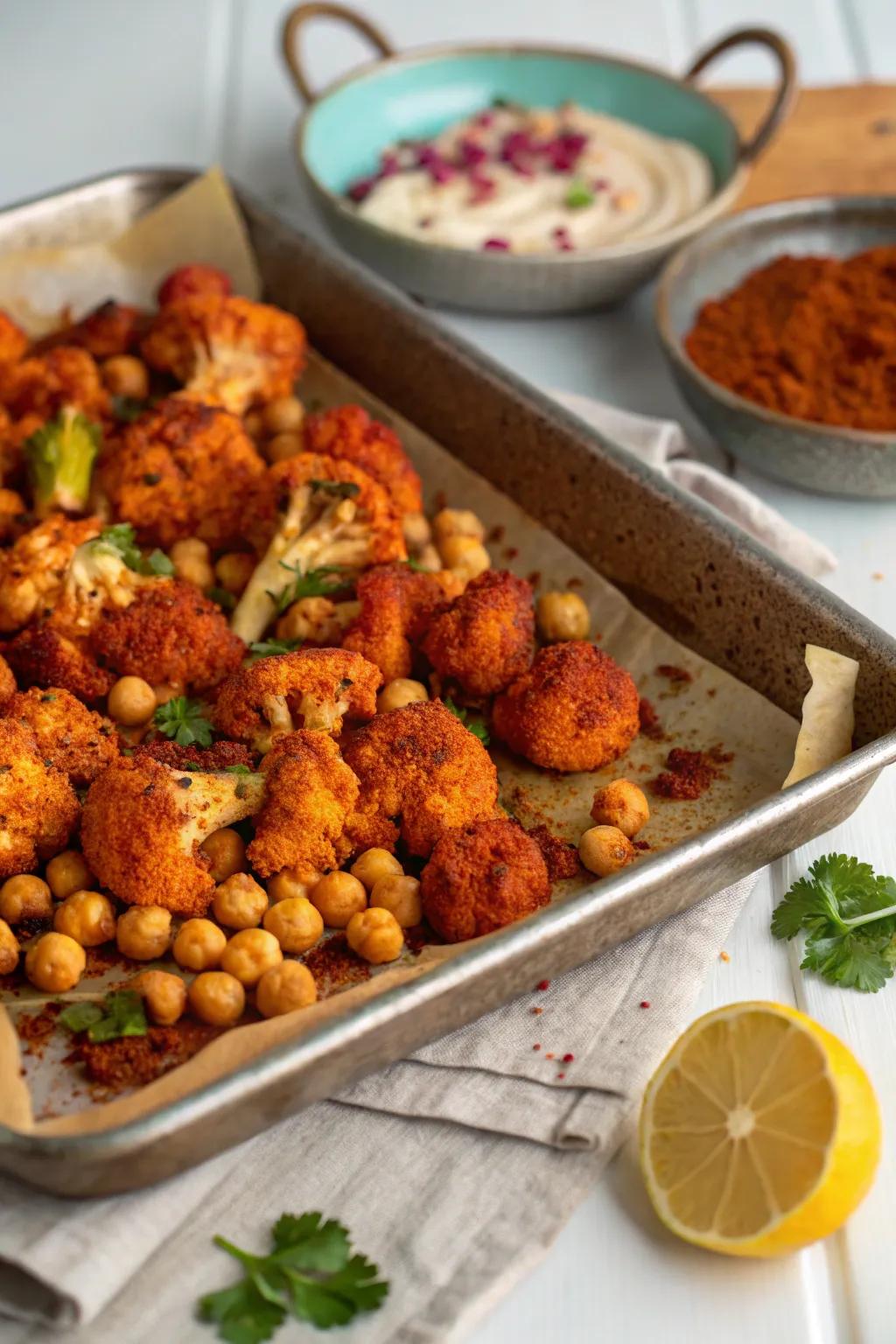 Hot tandoori cauliflower bites and garbanzo beans, bursting with authentic flavors.