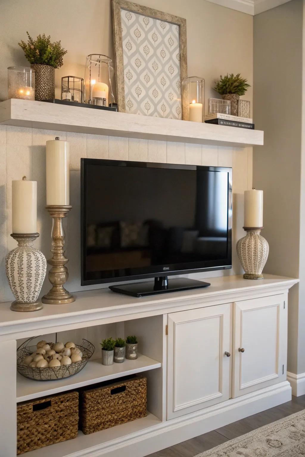 Symmetrical decor establishes a harmonious appearance above the TV.