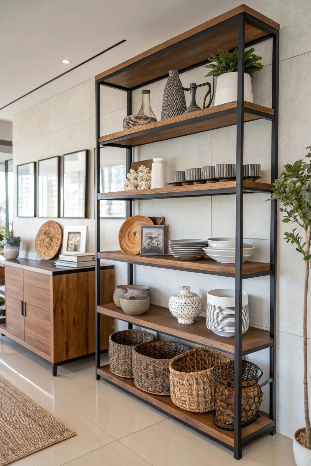 A balanced combination of textures adds visual interest to shelves.