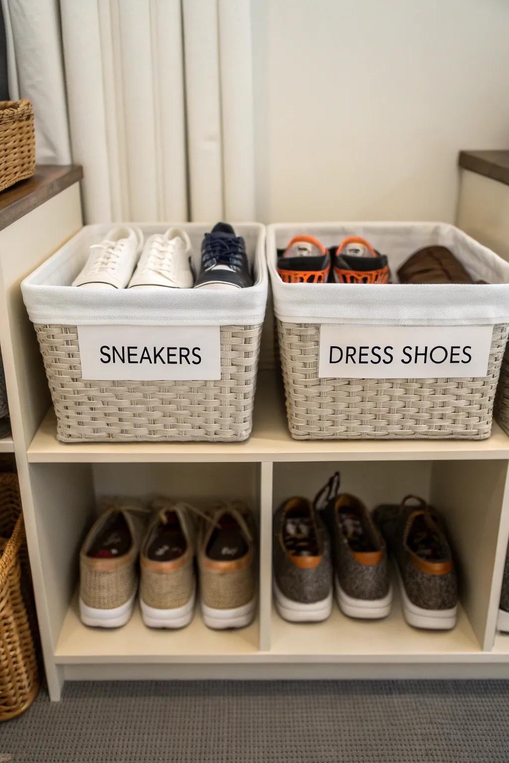 With labeled baskets, finding the ideal pair of shoes is a breeze.