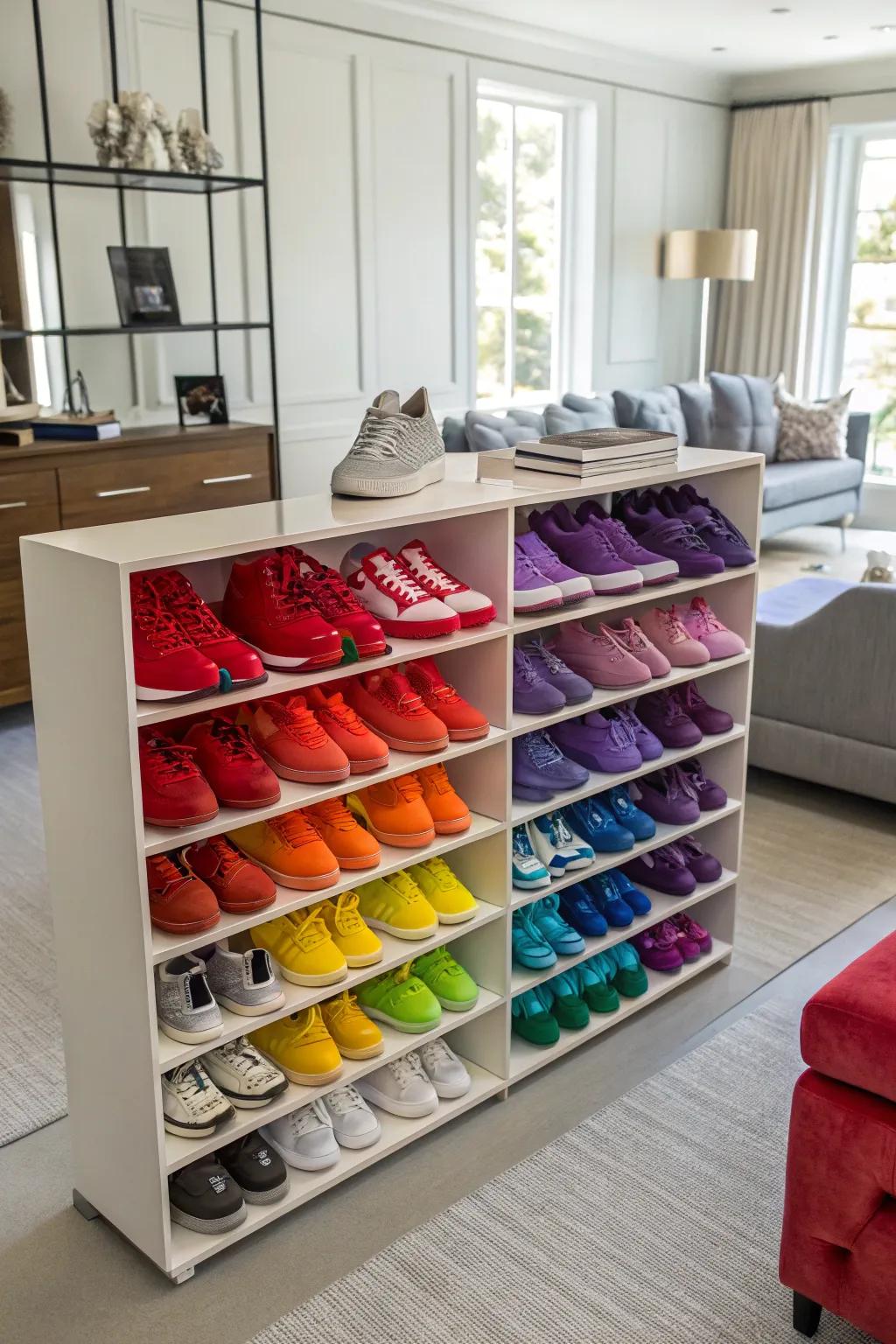 Harmonizing by color turns your shoe display into an artistic statement.