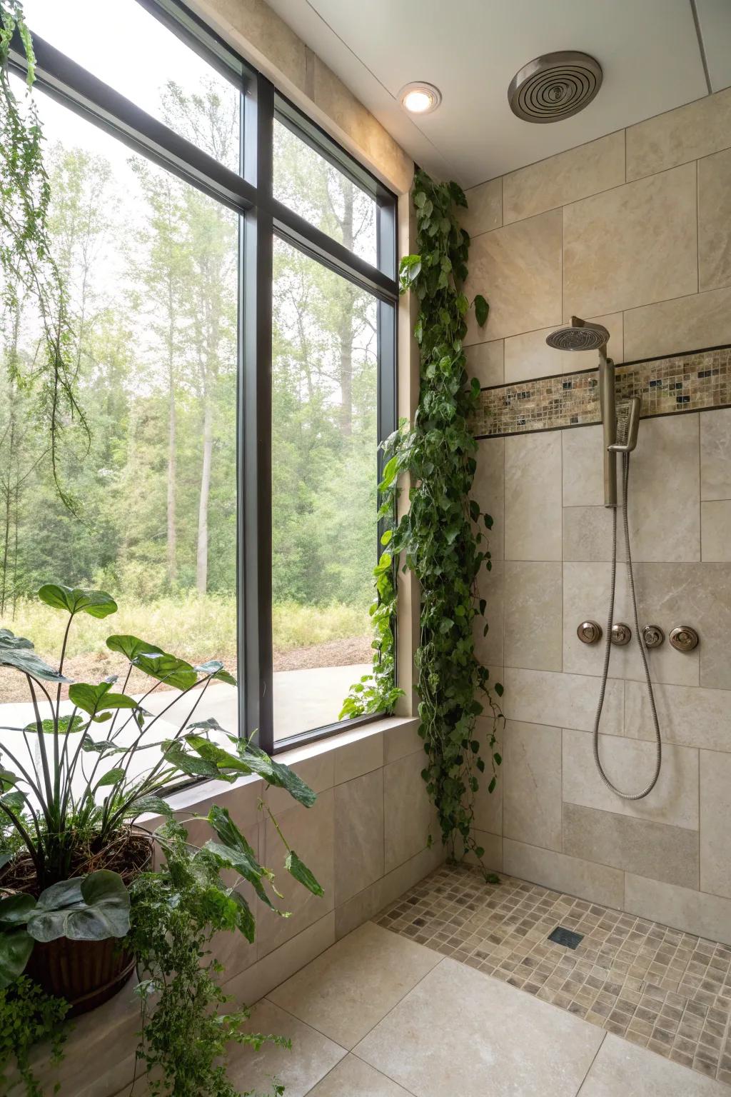Natural light floods this shower, producing a serene and airy ambiance.